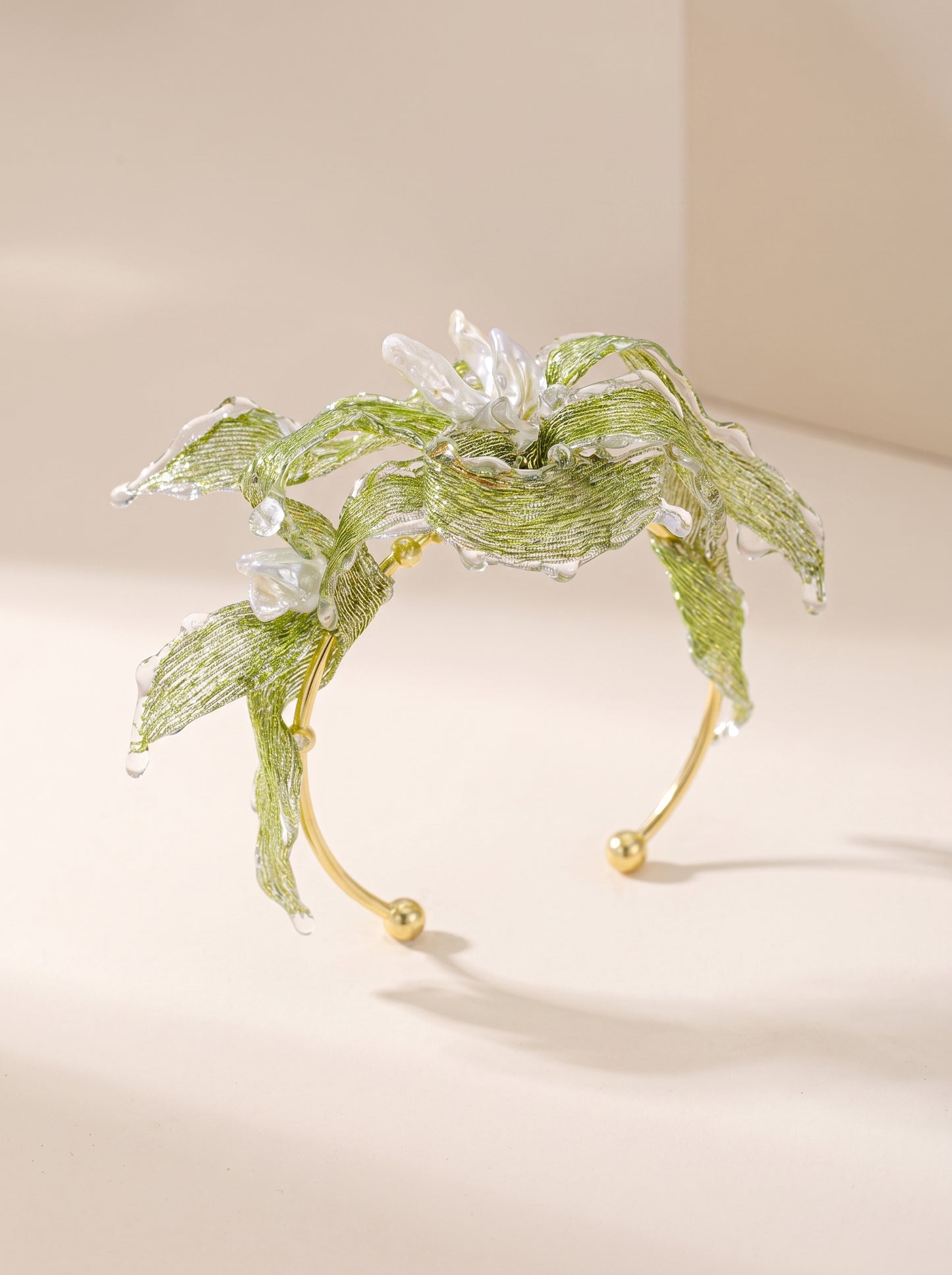 Avant-Garde Hand-Woven Metallic Leaf Cuff - Deconstructed Tender Green Vine Bangle with Clear Liquid-Ice Edges and Gold Plated Base  LUNA-X396