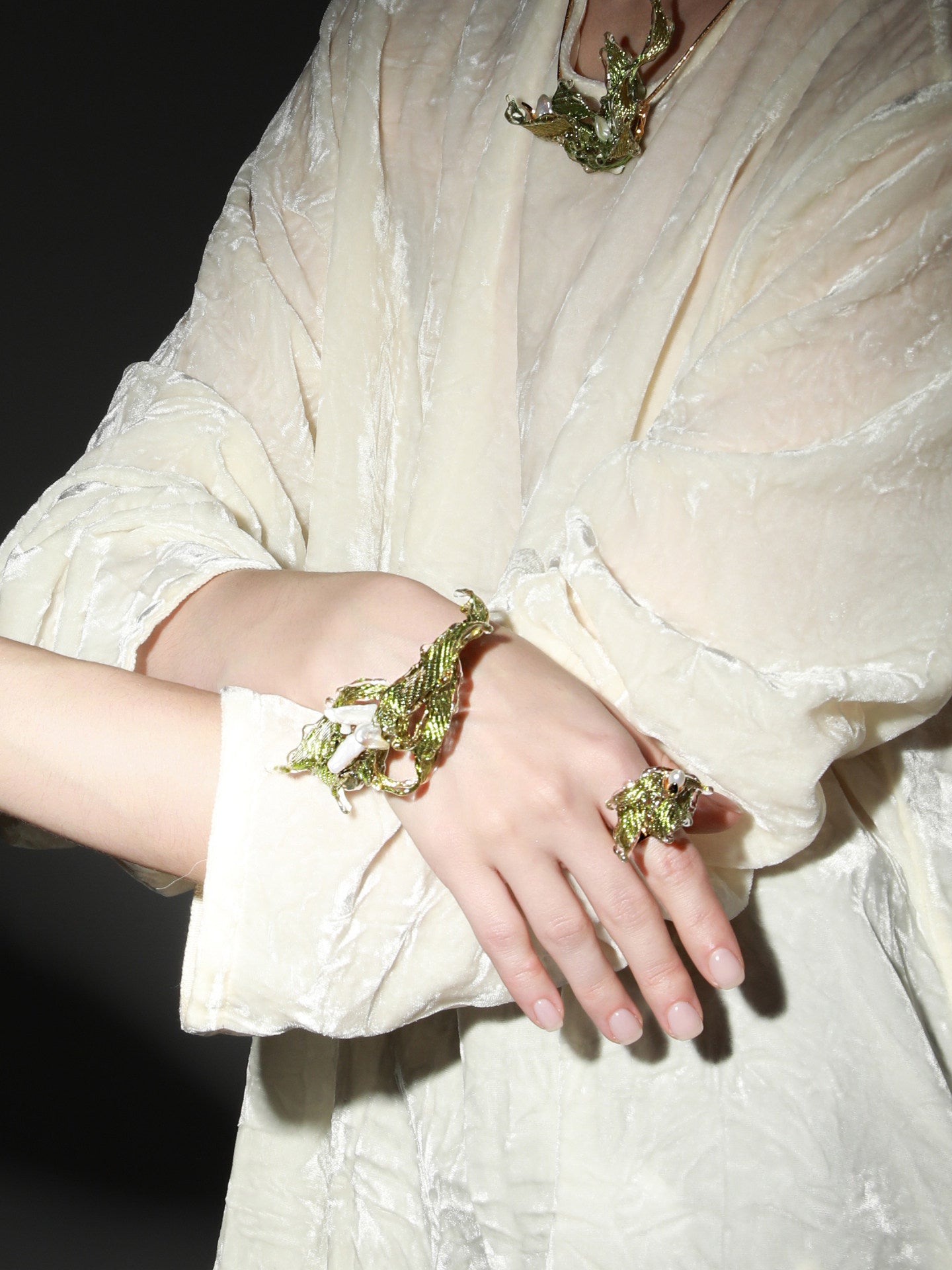 Avant-Garde Hand-Woven Metallic Leaf Cuff - Deconstructed Tender Green Vine Bangle with Clear Liquid-Ice Edges and Gold Plated Base  LUNA-X396
