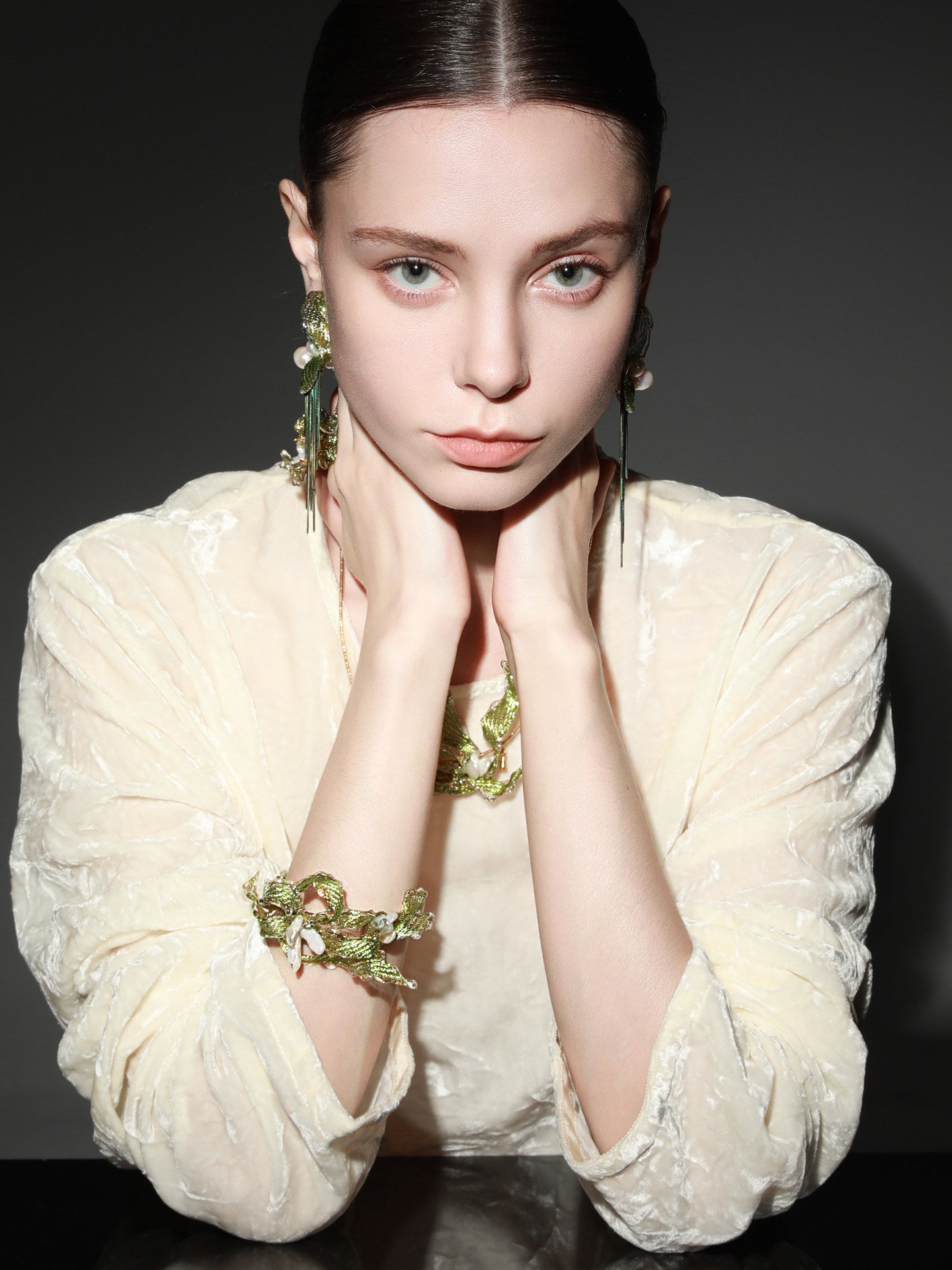 Avant-Garde Hand-Woven Metallic Leaf Cuff - Deconstructed Tender Green Vine Bangle with Clear Liquid-Ice Edges and Gold Plated Base  LUNA-X396