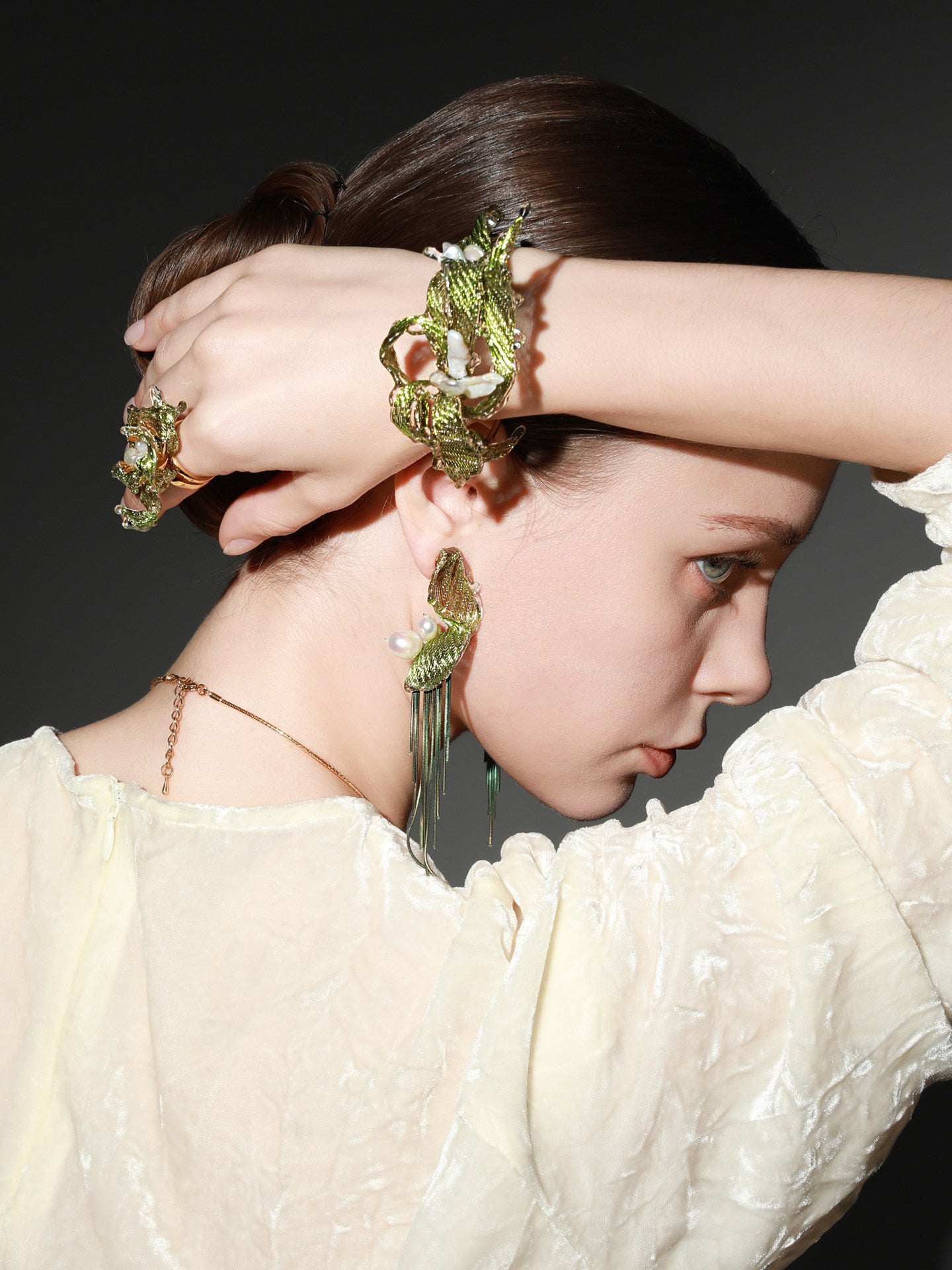 Avant-Garde Hand-Woven Metallic Leaf Cuff - Deconstructed Tender Green Vine Bangle with Clear Liquid-Ice Edges and Gold Plated Base  LUNA-X396