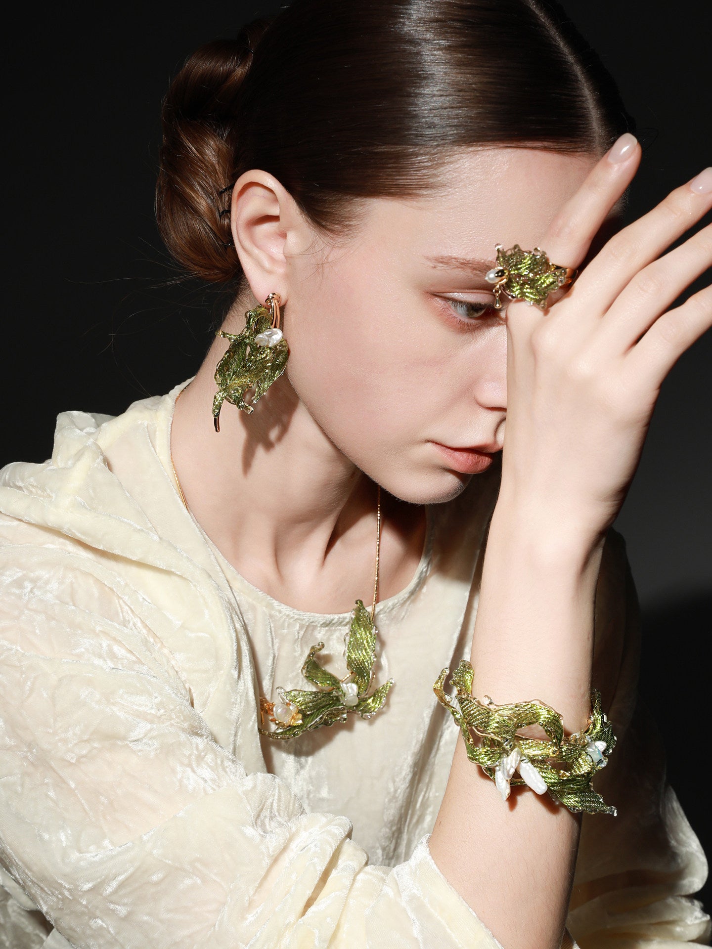 Avant-Garde Hand-Woven Metallic Leaf Cuff - Deconstructed Tender Green Vine Bangle with Clear Liquid-Ice Edges and Gold Plated Base  LUNA-X396