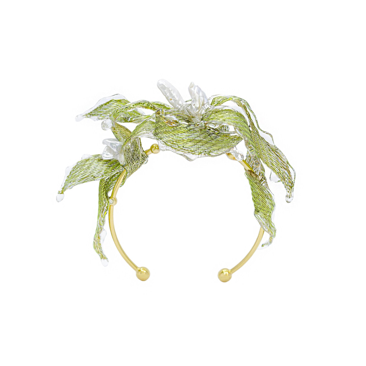 Avant-Garde Hand-Woven Metallic Leaf Cuff - Deconstructed Tender Green Vine Bangle with Clear Liquid-Ice Edges and Gold Plated Base  LUNA-X396