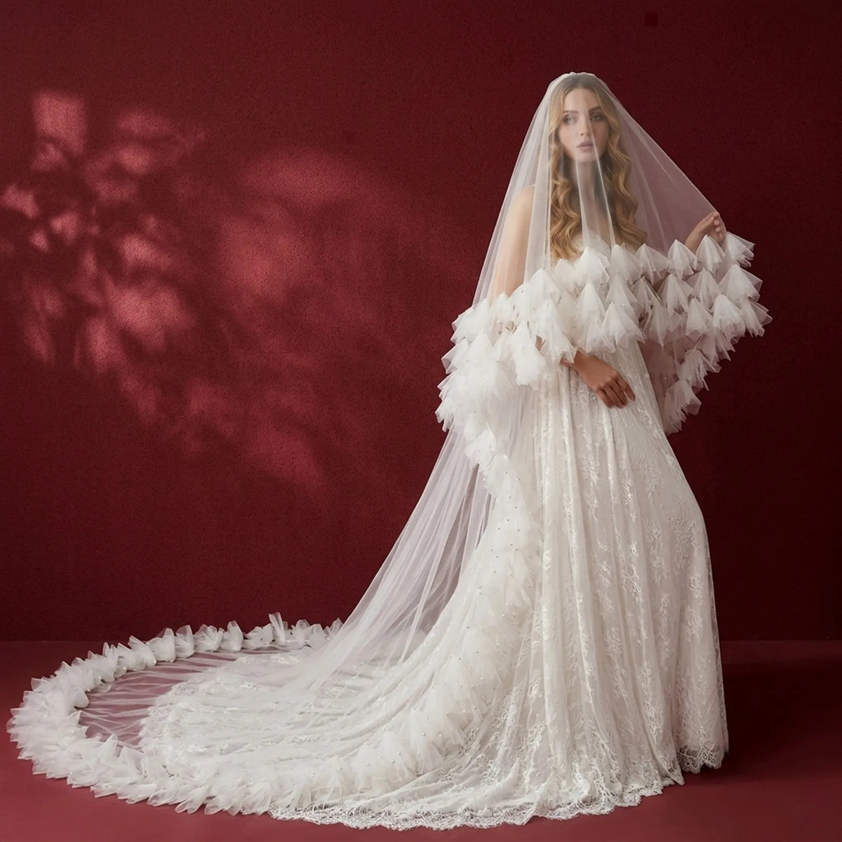 300cm Dramatic Cascading Tulle Ruffle Cathedral Bridal Veil with Blusher & Comb (118.11")-X466