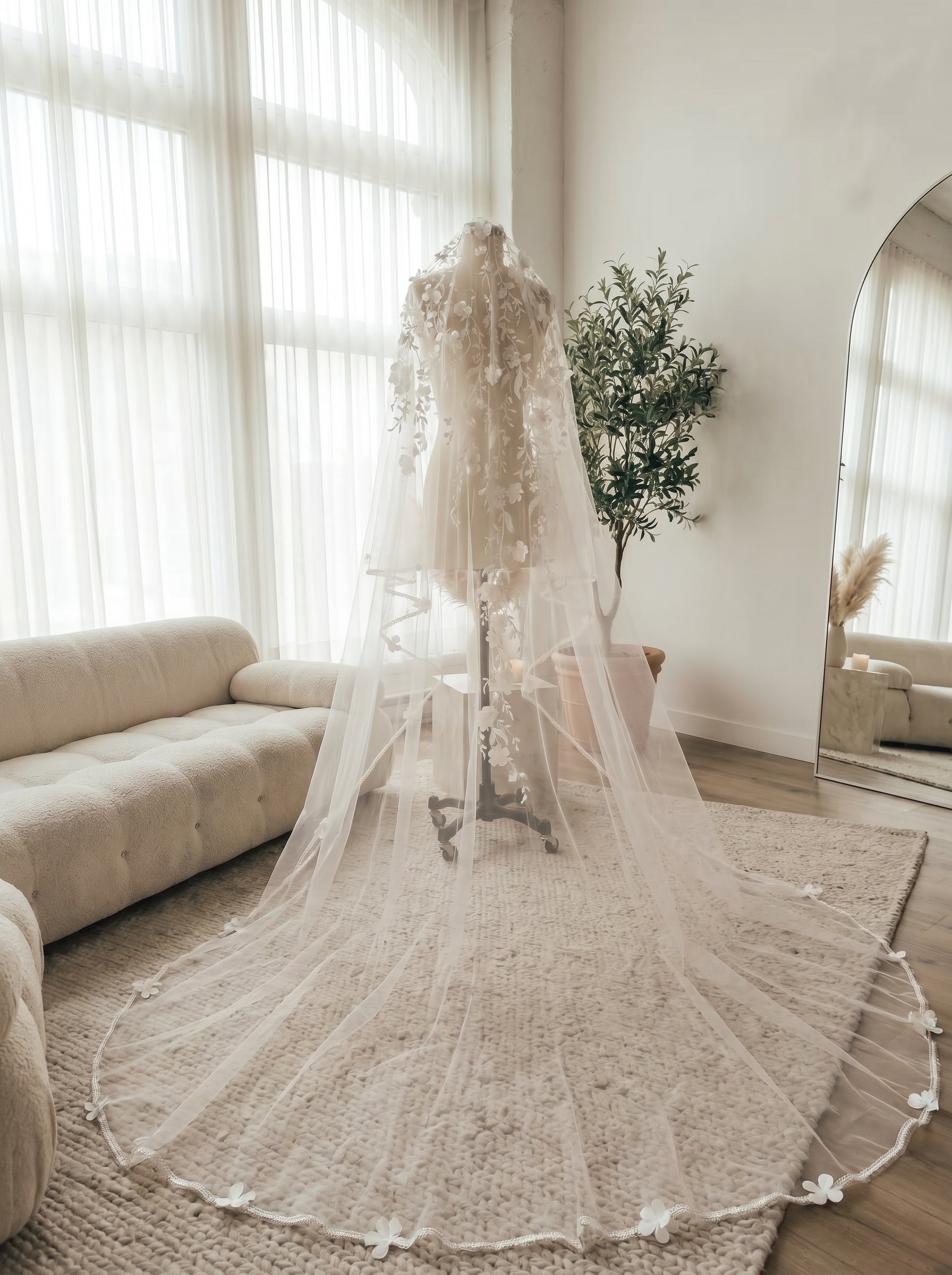 The Anti-Bride Minimalist Cathedral Veil - 3m Sleek One Layer Wedding Veil, Comb-Free High-Fashion Sheer Bridal Draping  LUNA-X48