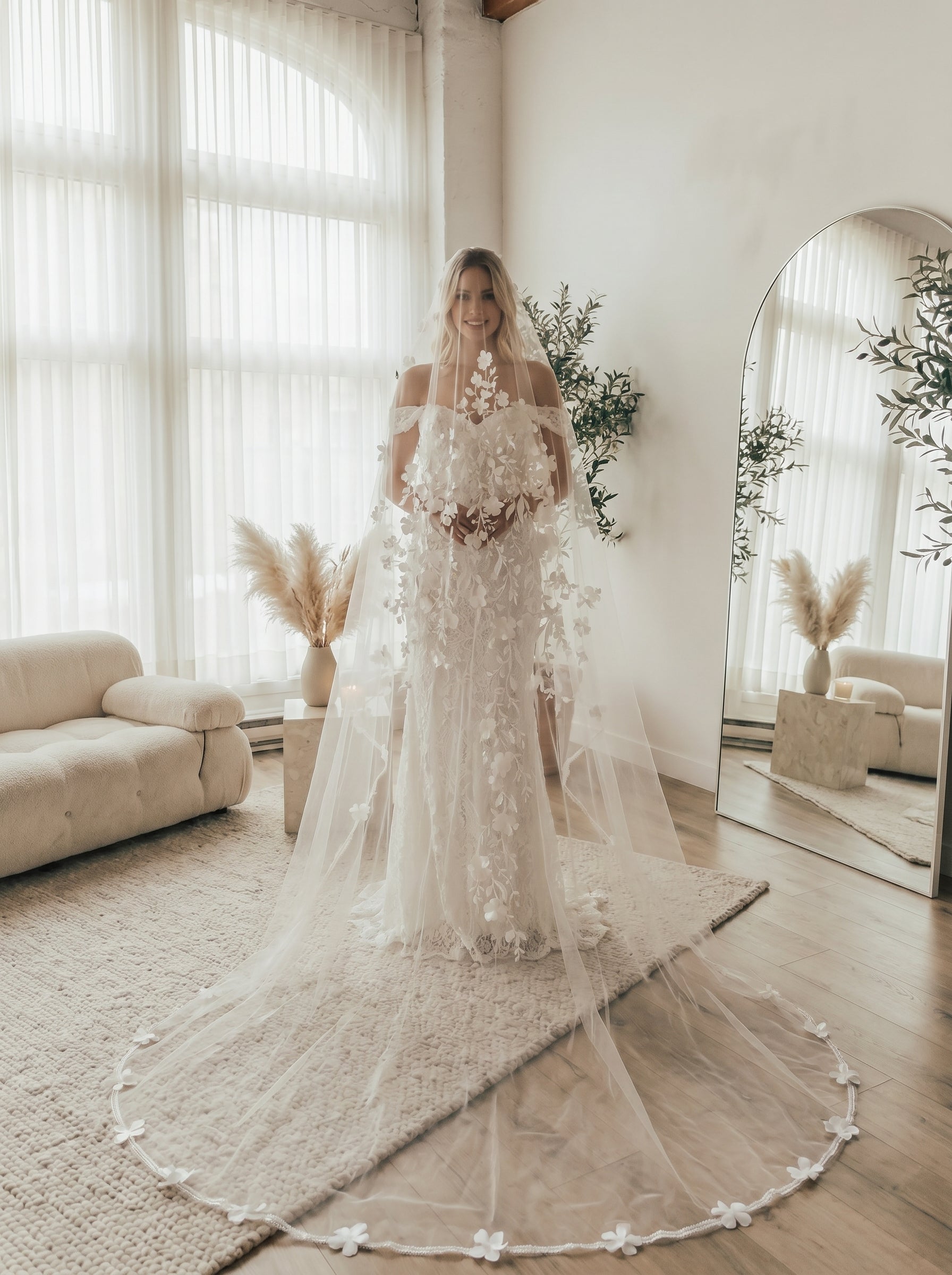 The Anti-Bride Minimalist Cathedral Veil - 3m Sleek One Layer Wedding Veil, Comb-Free High-Fashion Sheer Bridal Draping  LUNA-X48