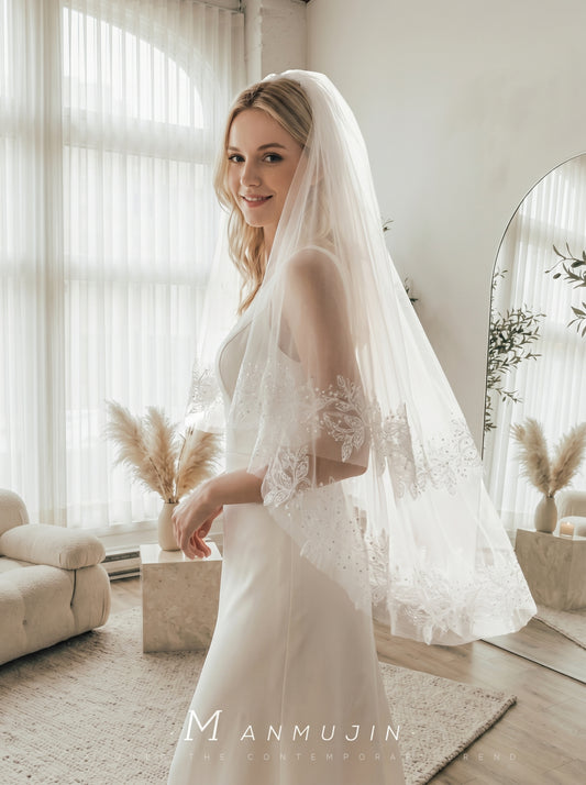 Luxury Voluminous Fingertip Wedding Veil - Multi-Layer Soft Tulle Bridal Veil with Premium Metal Comb, Romantic Blusher Veil  LUNA-X57