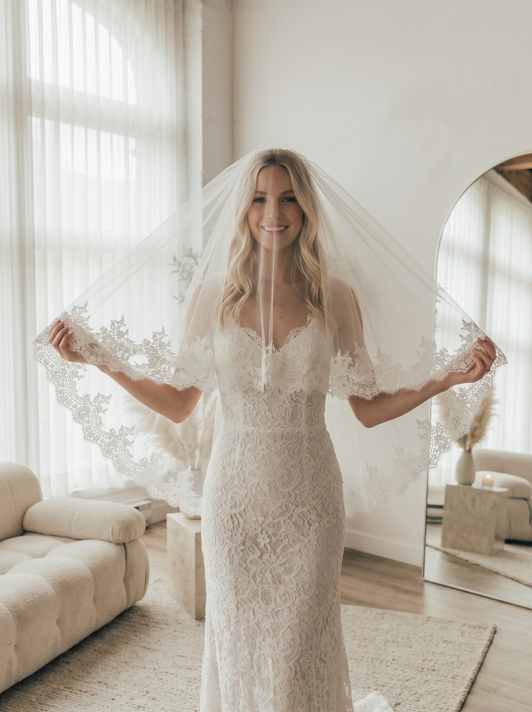 Retro Hollywood Voluminous Fingertip Veil - Layered Soft Tulle Bridal Veil with Metal Comb, Classic Bridal Blusher Veil LUNA-X58