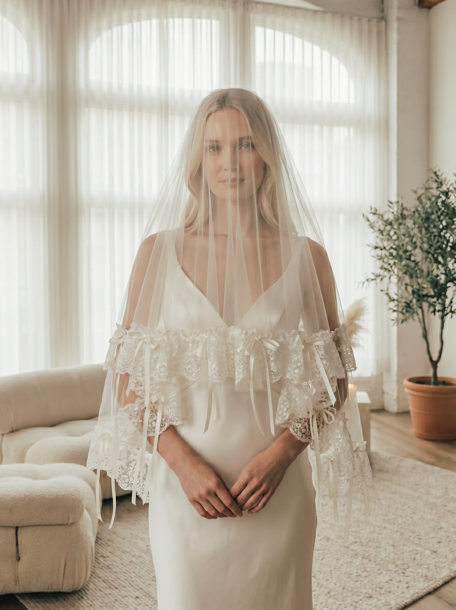 French Lace Bridal Bow Veil - 150cm Vintage Embroidery Ribbon Veil, Comb-Free Elegant Mantilla Wedding Veil LUNA-X59