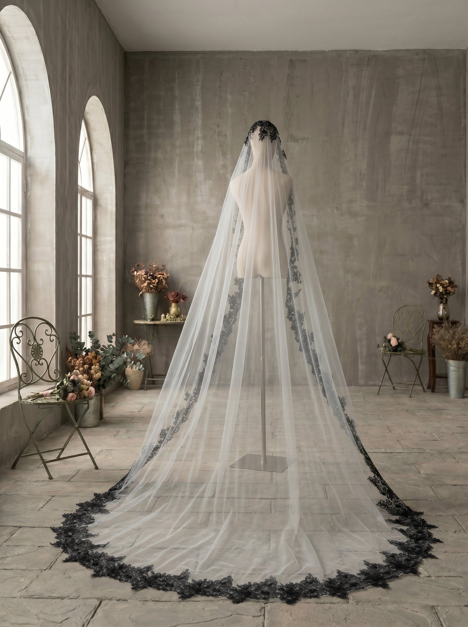 Luxury Gothic Black Wedding Veil with Comb  High Drama Black Lace Edge Bridal Veil LUNA-X64