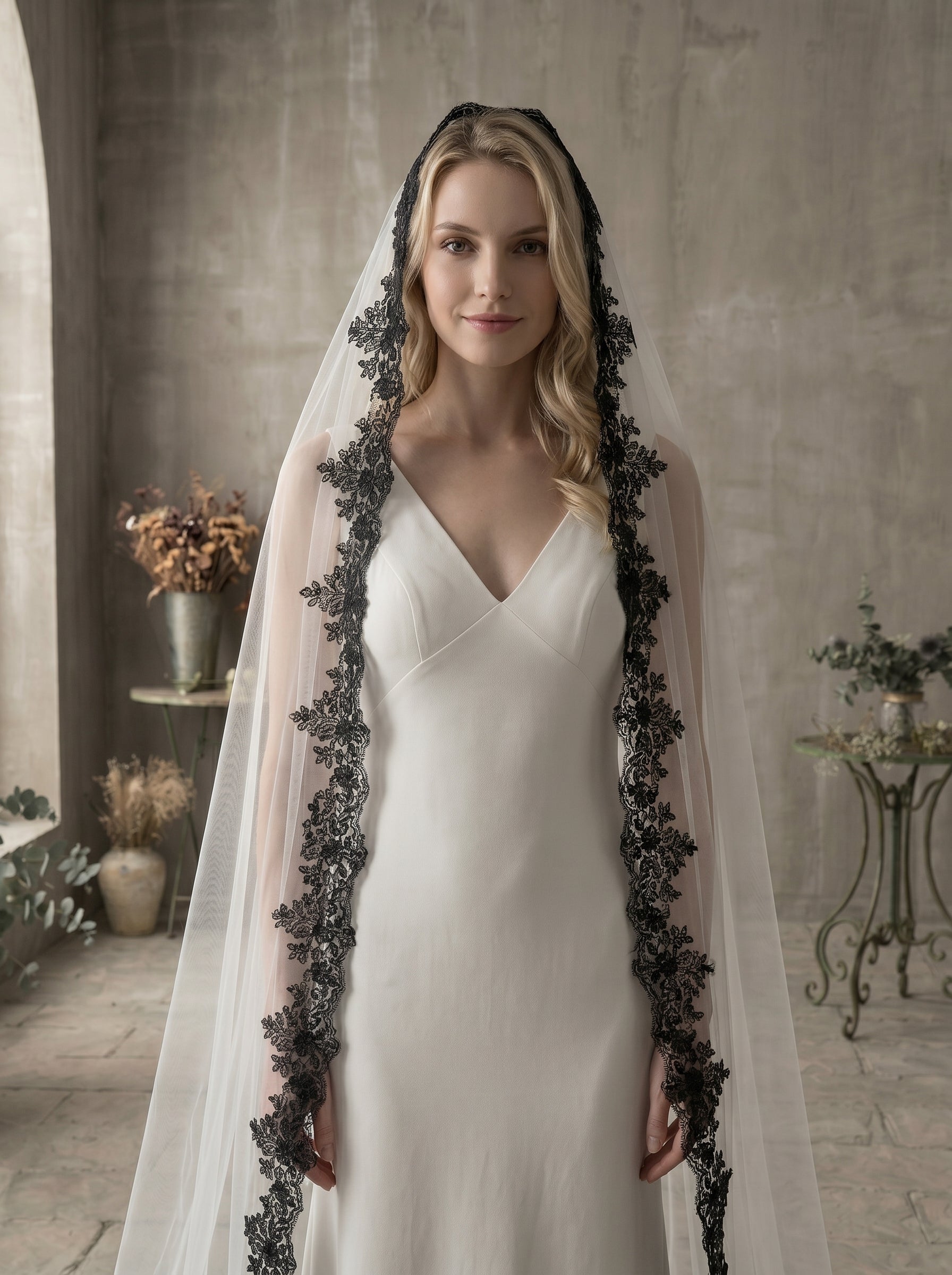 Luxury Gothic Black Wedding Veil with Comb  High Drama Black Lace Edge Bridal Veil LUNA-X64