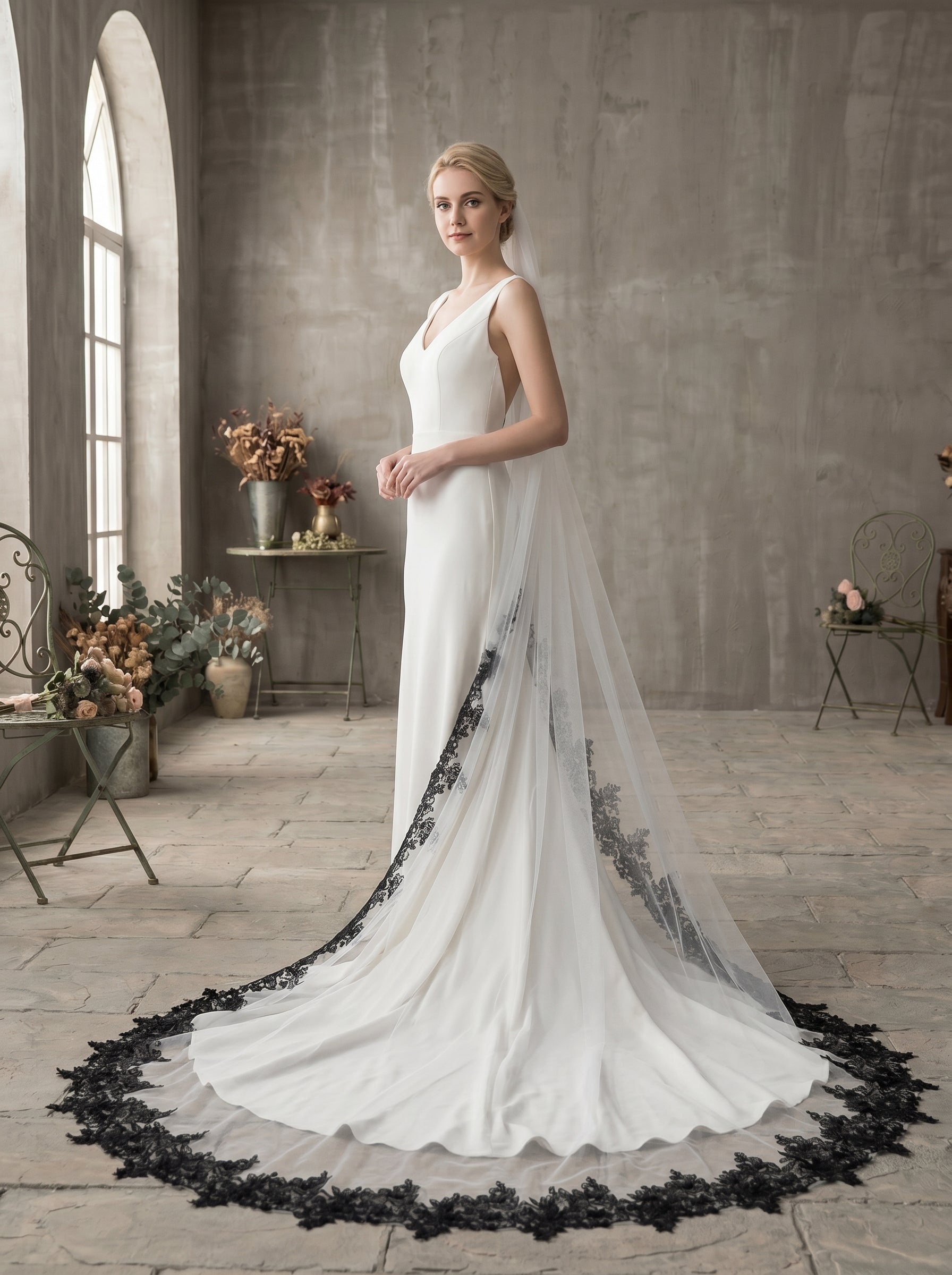 Luxury Gothic Black Wedding Veil with Comb  High Drama Black Lace Edge Bridal Veil LUNA-X64
