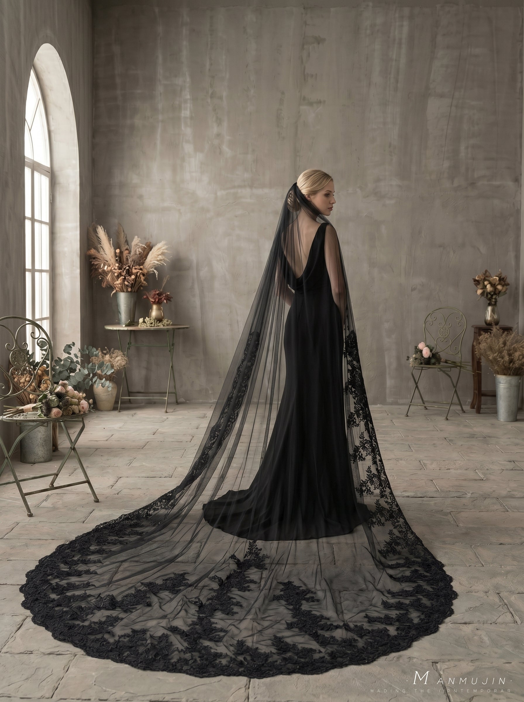 One Tier Black Cathedral Wedding Veil for Bride, 3x2. Meters Soft Tulle Large Lace Edge Sparkly Veil with Comb, Ivory/Stark White Contrast LUNA-X65