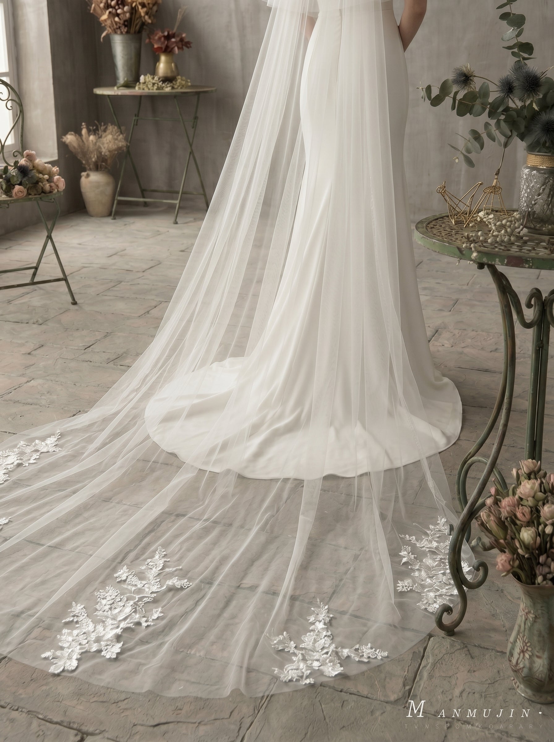 Luxury 2-Tier Cathedral Veil with Blusher - Milk White Swiss Tulle Wedding Veil with Comb, Medallion Lace Applique Bride Headpiece LUNA-X66