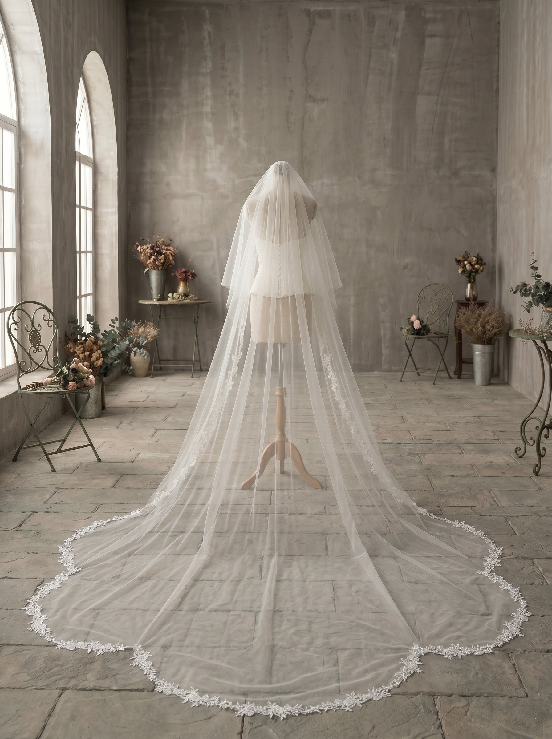 Luxury 2-Tier Cathedral Veil with Blusher - Milk White Swiss Tulle Wedding Veil with Comb, Scalloped Petal Lace Border Bridal Veil  LUNA-X67
