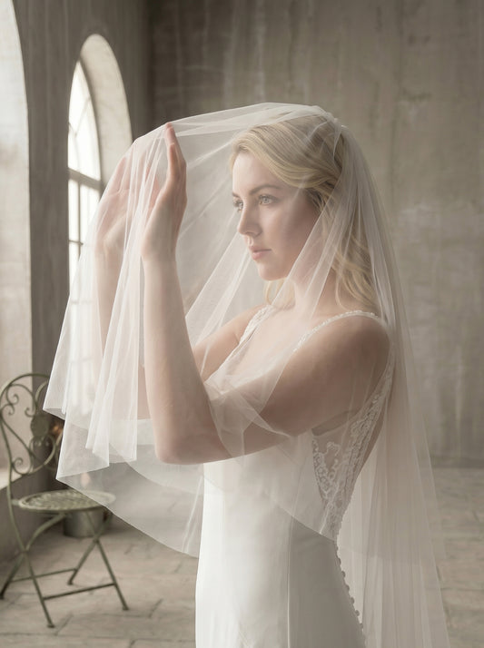 Luxury 2-Tier Cathedral Veil with Blusher - Milk White Swiss Tulle Wedding Veil with Comb, Scalloped Petal Lace Border Bridal Veil  LUNA-X67