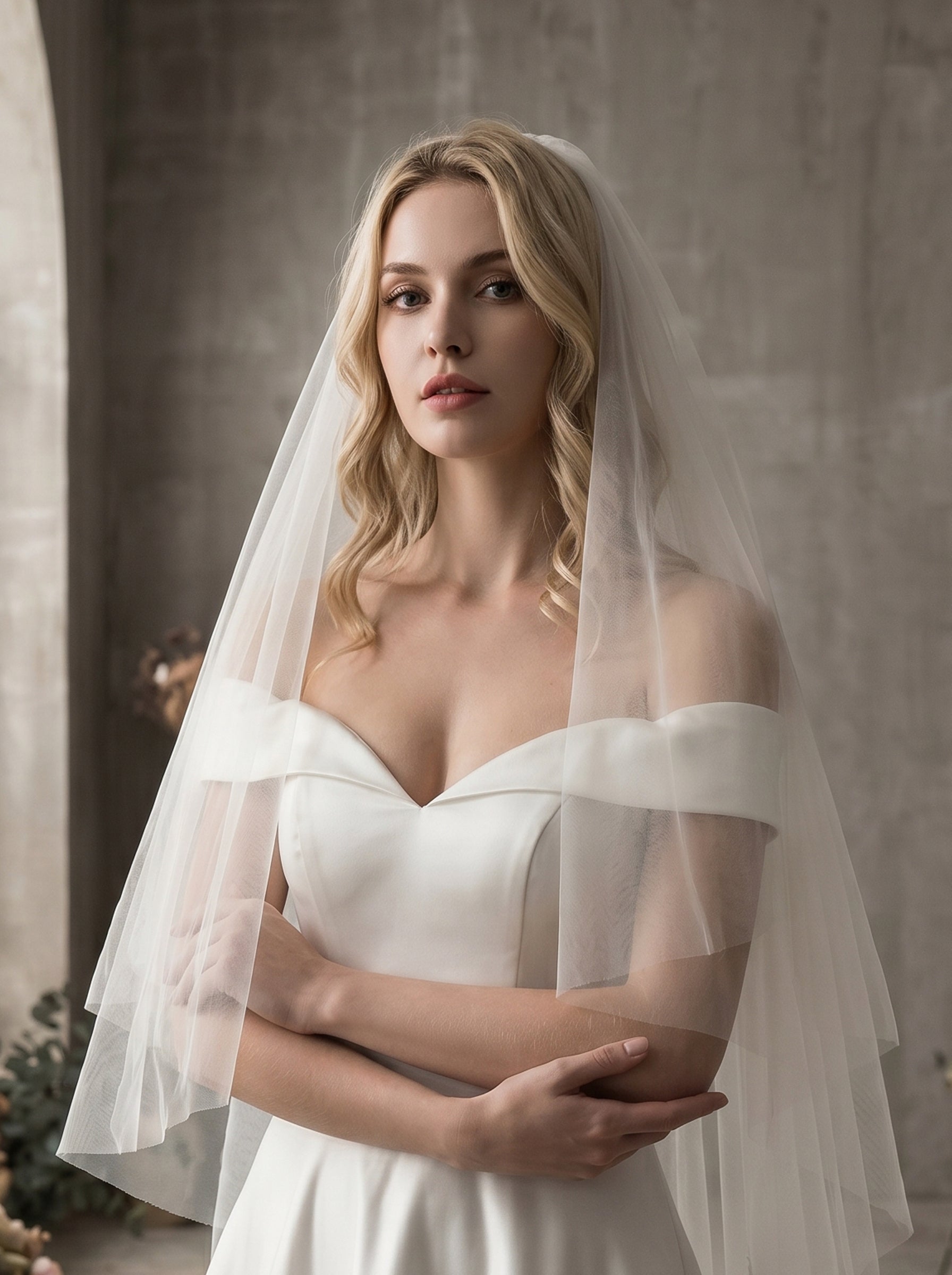 Luxury 2-Tier Cathedral Veil with Blusher - Milk White Swiss Tulle Wedding Veil with Comb, Scalloped Petal Lace Border Bridal Veil  LUNA-X67