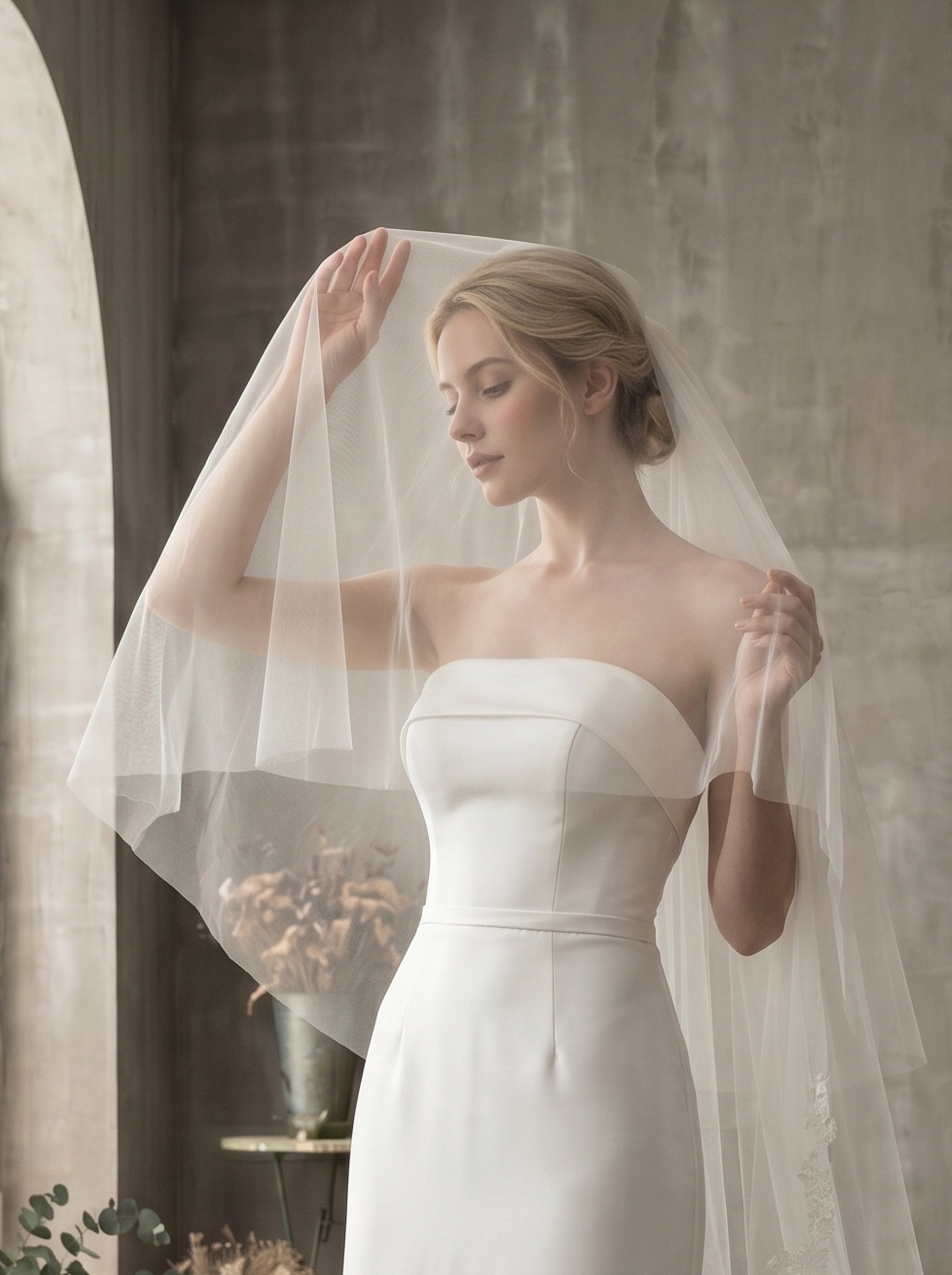Luxury 2-Tier Cathedral Veil with Blusher - Milk White Swiss Tulle Wedding Veil with Comb, Scalloped Petal Lace Border Bridal Veil  LUNA-X67