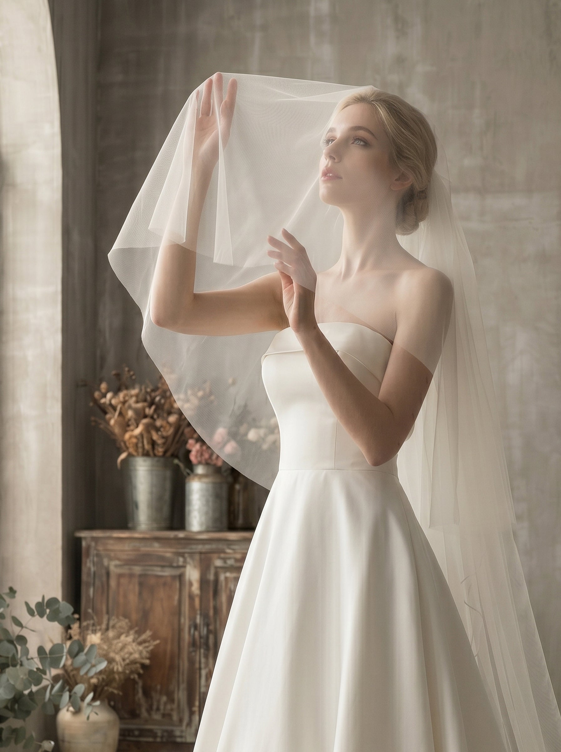 Luxury 2-Tier Cathedral Veil with Blusher - Milk White Swiss Tulle Wedding Veil with Comb, Scalloped Petal Lace Border Bridal Veil  LUNA-X67