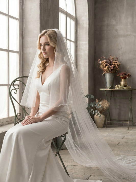 Luxury 2-Tier Structured Horsehair Edge Cathedral Veil - Milk White Swiss Tulle Wedding Veil with Comb, Cascading Ribbon Trim Blusher Veil LUNA-X73