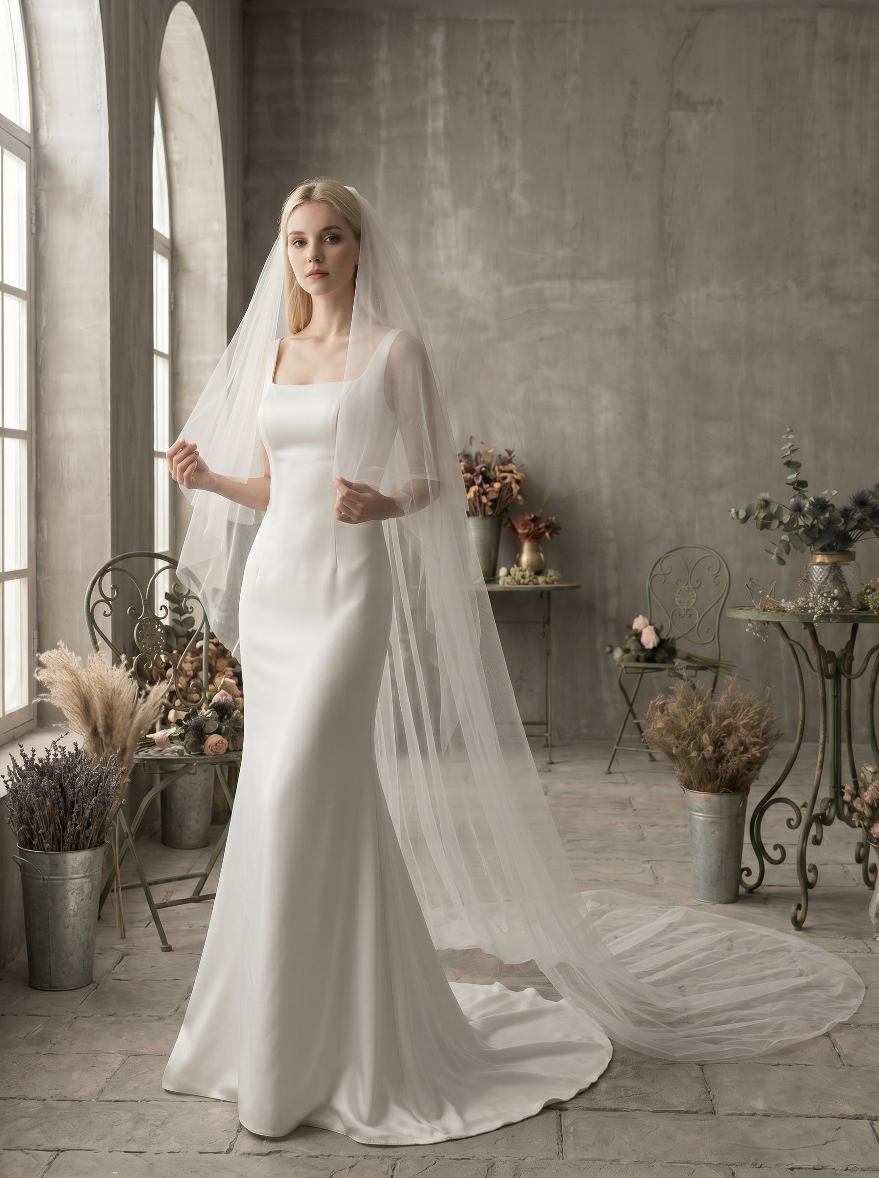 Luxury 2-Tier Structured Horsehair Edge Cathedral Veil - Milk White Swiss Tulle Wedding Veil with Comb, Cascading Ribbon Trim Blusher Veil LUNA-X73