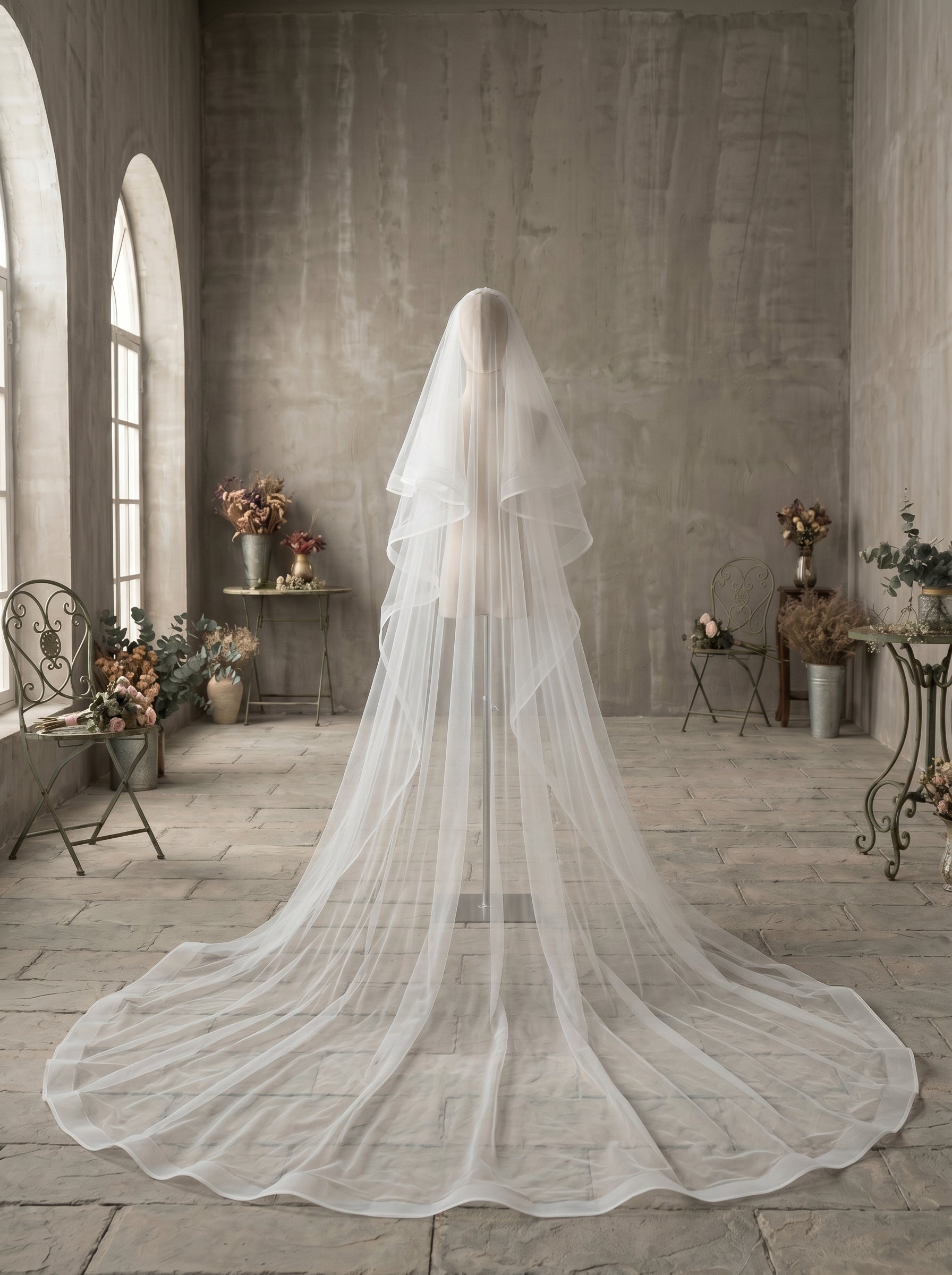Luxury 2-Tier Structured Horsehair Edge Cathedral Veil - Milk White Swiss Tulle Wedding Veil with Comb, Cascading Ribbon Trim Blusher Veil LUNA-X73