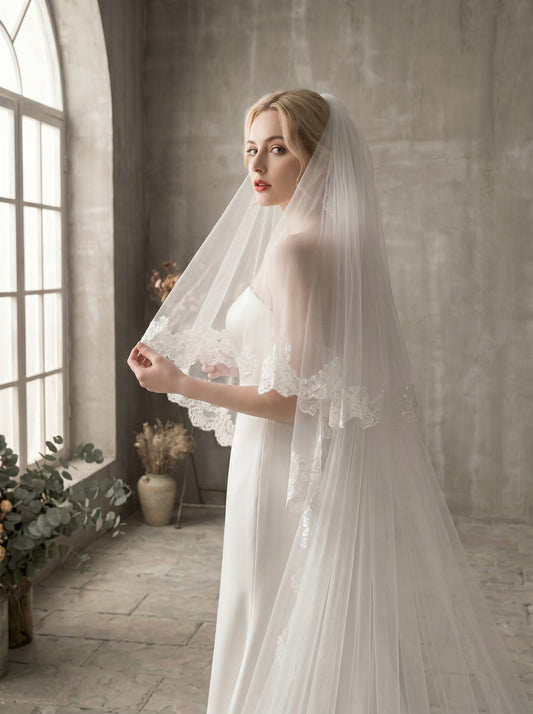 Royal 3.M Grand Cathedral Veil with Blusher - 150" Extra Wide Milk White Swiss Tulle Wedding Veil with Comb, Heavy Baroque Lace Applique Bridal Veil LUNA-X74