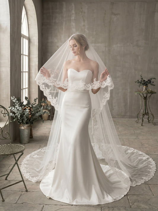 Royal 3.M Grand Cathedral Veil with Blusher - 150" Extra Wide Milk White Swiss Tulle Wedding Veil with Comb, Heavy Baroque Lace Applique Bridal Veil LUNA-X74