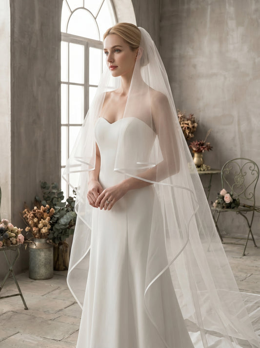 Luxury 2-Tier Structured Cathedral Veil with Blusher - Milk White Crisp Illusion Tulle Wedding Veil with Comb, High-Volume Satin Ribbon Edge Bridal Veil  LUNA-X75