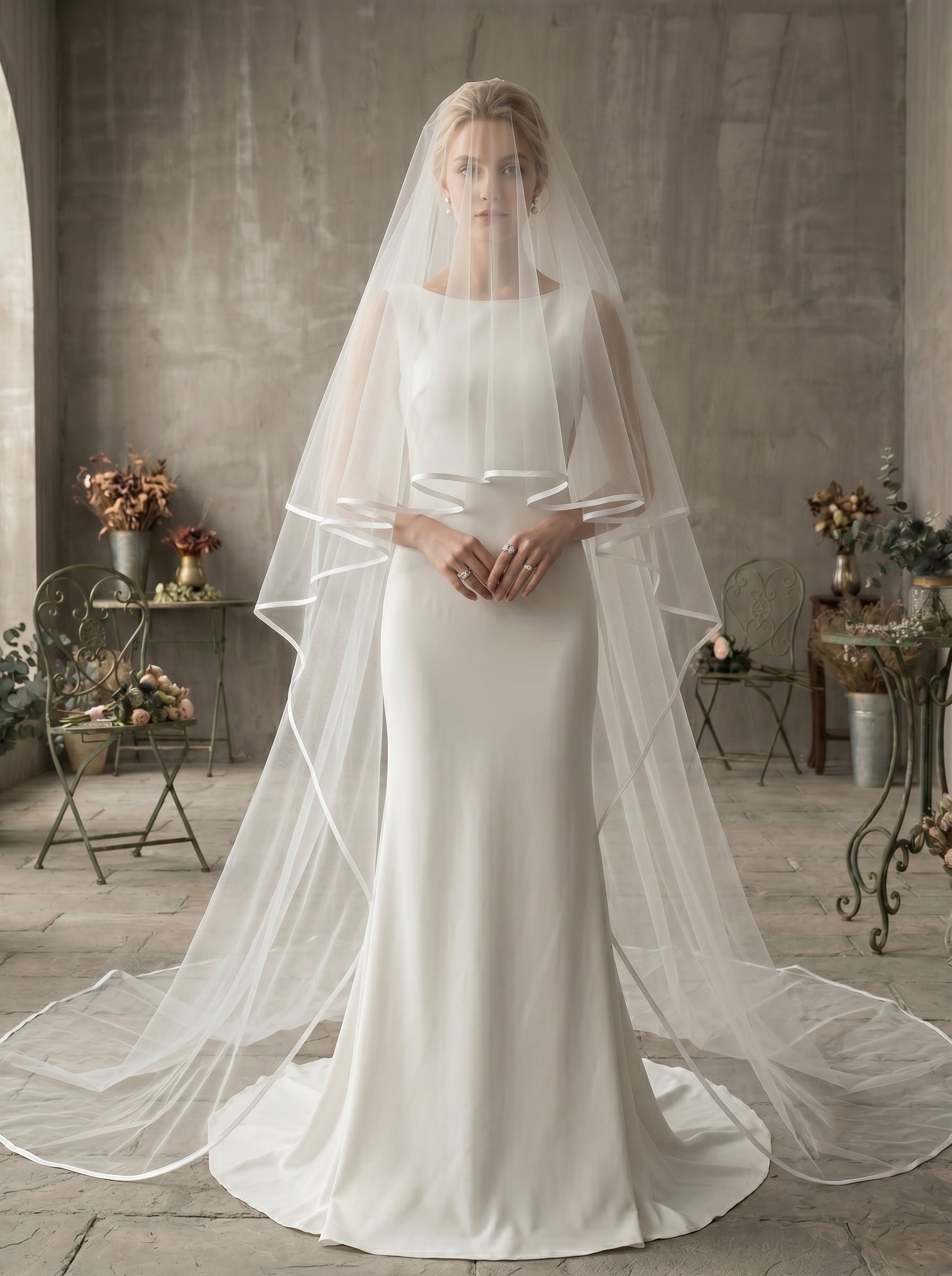 Luxury 2-Tier Structured Cathedral Veil with Blusher - Milk White Crisp Illusion Tulle Wedding Veil with Comb, High-Volume Satin Ribbon Edge Bridal Veil  LUNA-X75