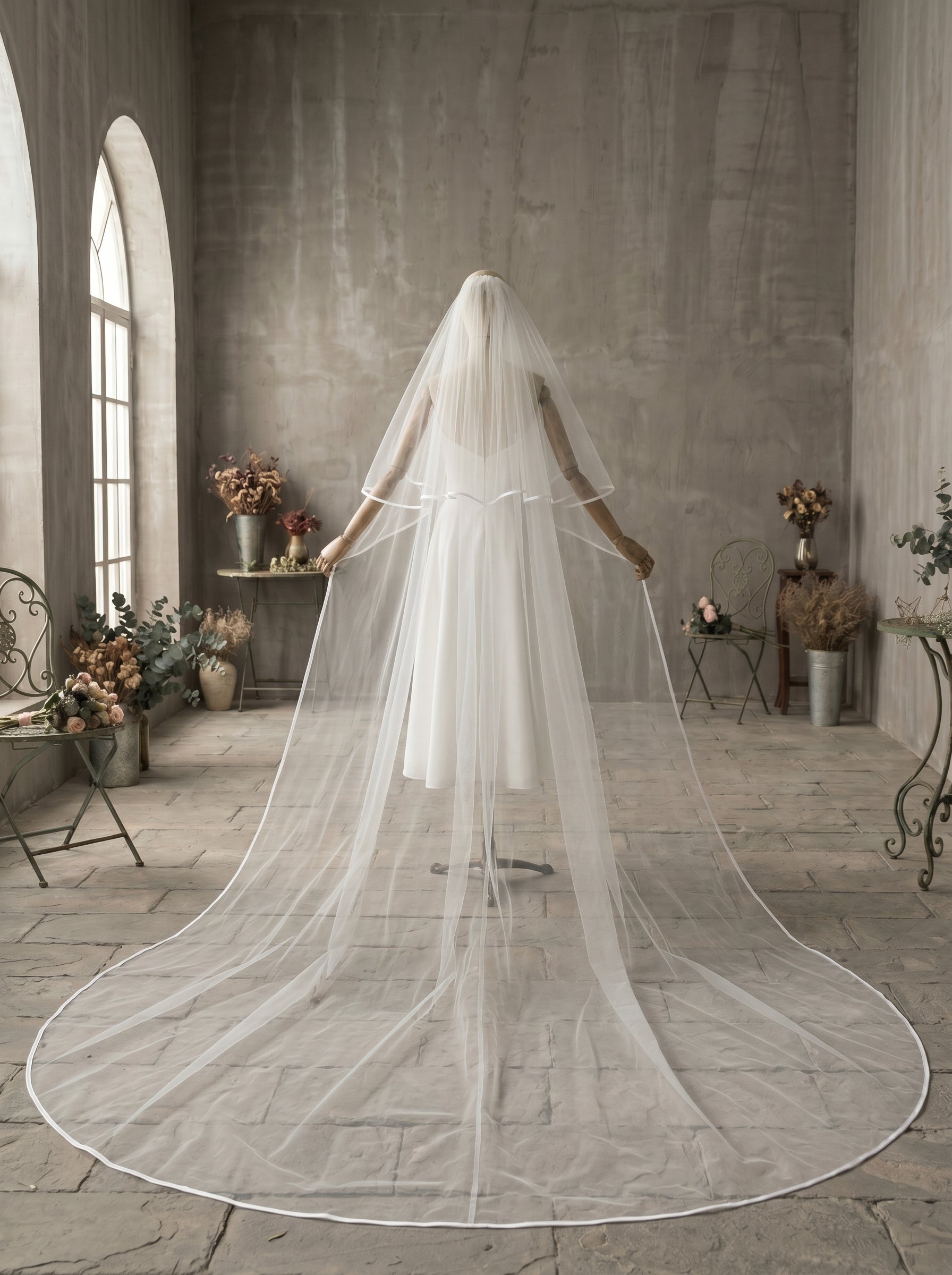 Luxury 2-Tier Structured Cathedral Veil with Blusher - Milk White Crisp Illusion Tulle Wedding Veil with Comb, High-Volume Satin Ribbon Edge Bridal Veil  LUNA-X75