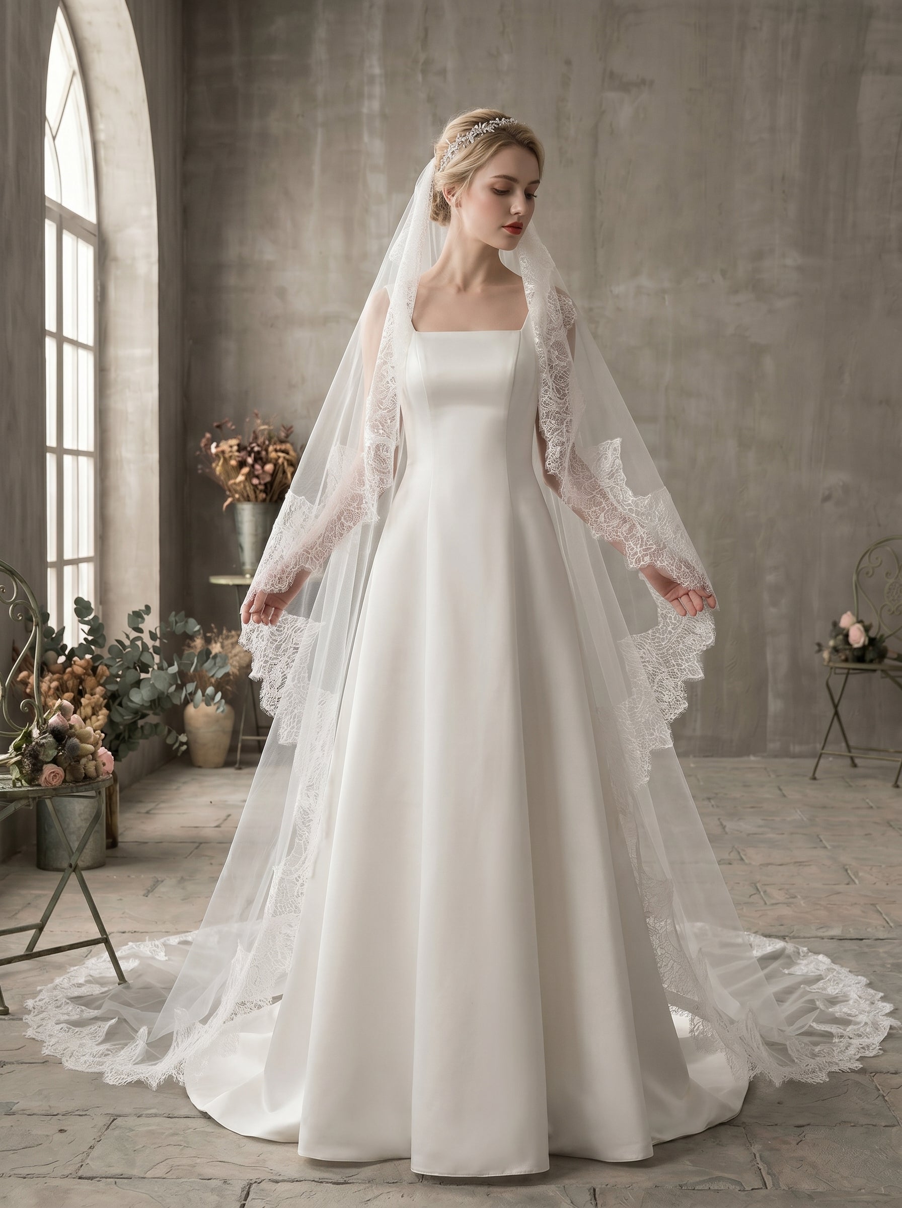Classic 2.M Cathedral Wedding Veil with Comb - Single Tier Milk White Soft Tulle Veil, Continuous Chantilly Lace Edge Bridal Veil, 110