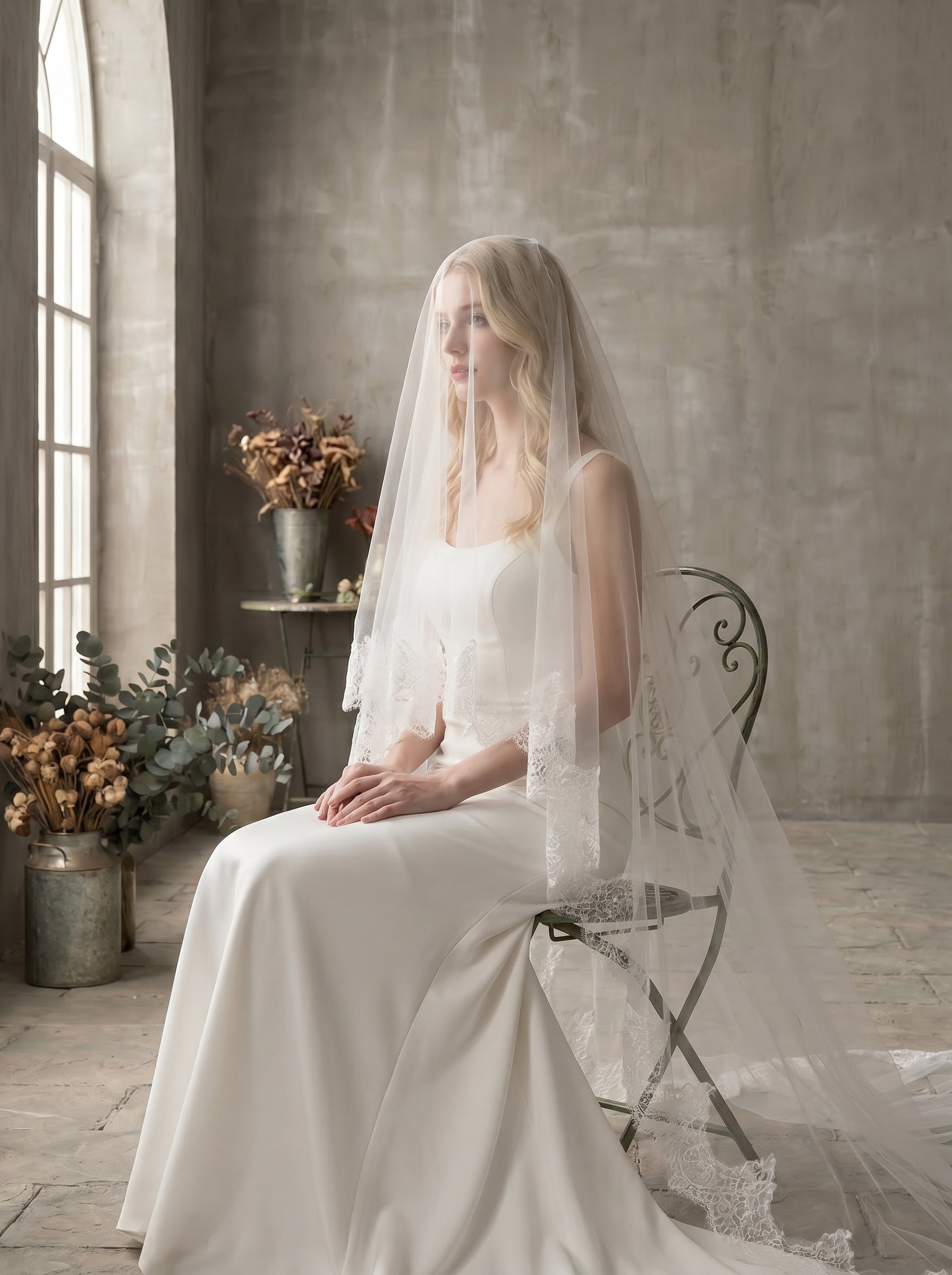 Classic 2.M Cathedral Wedding Veil with Comb - Single Tier Milk White Soft Tulle Veil, Continuous Chantilly Lace Edge Bridal Veil, 110