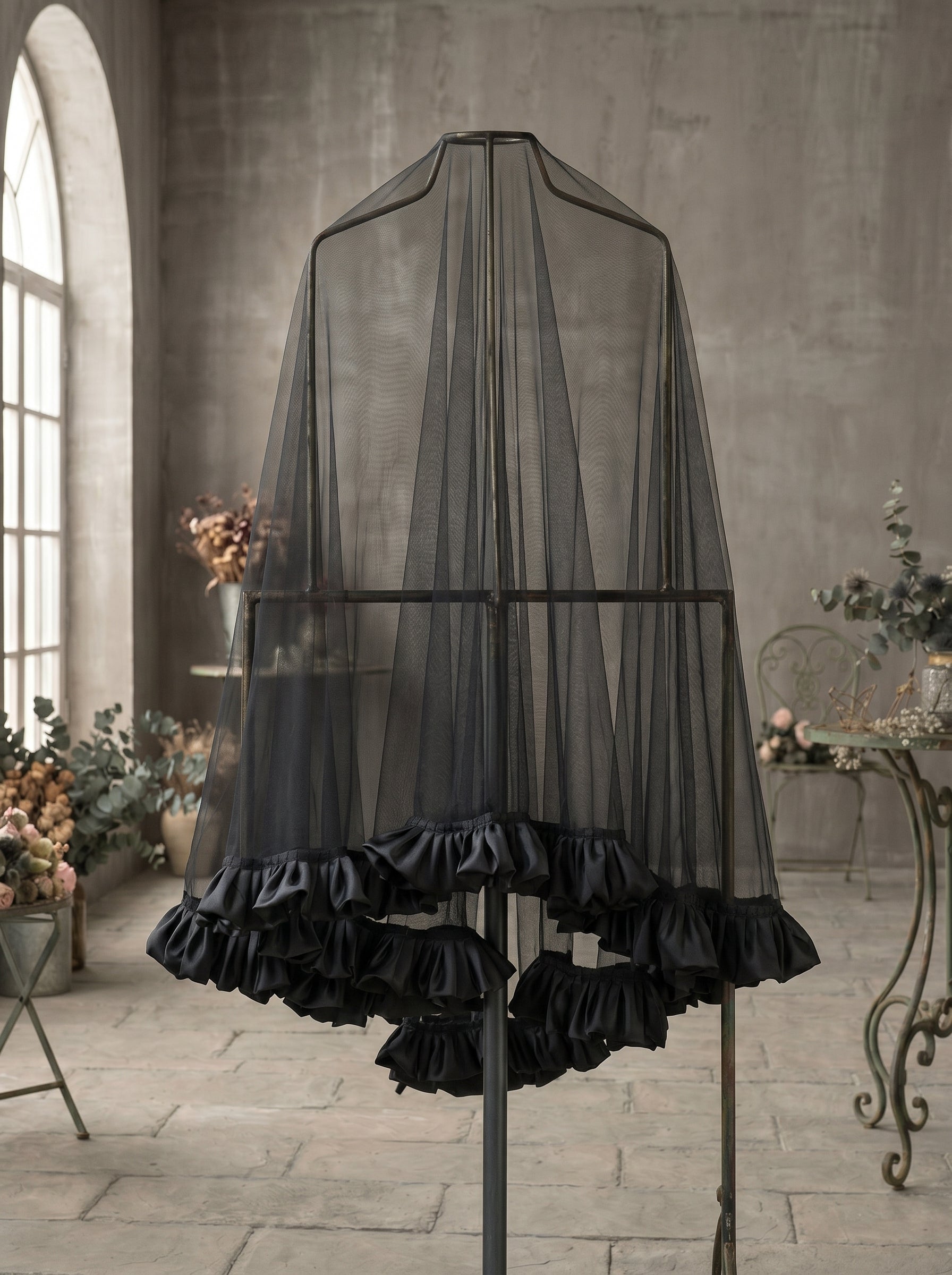 Single Layer Black Wedding Veil for Bride No Comb, 160cm x 160cm Square Soft Mesh Veil with Satin Flounce Border, Gothic Bridal Boudoir Veil  LUNA-X80