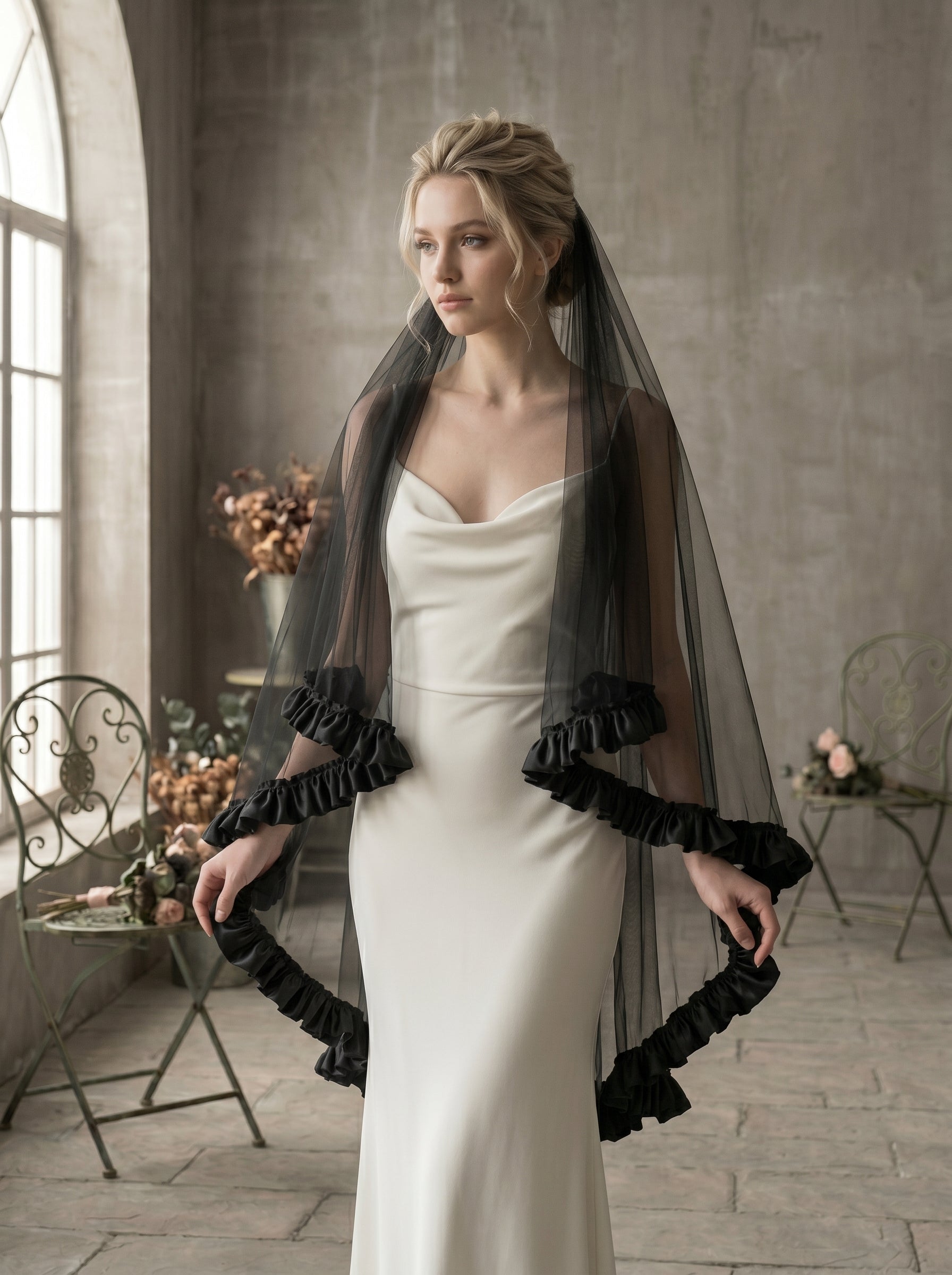 Single Layer Black Wedding Veil for Bride No Comb, 160cm x 160cm Square Soft Mesh Veil with Satin Flounce Border, Gothic Bridal Boudoir Veil  LUNA-X80