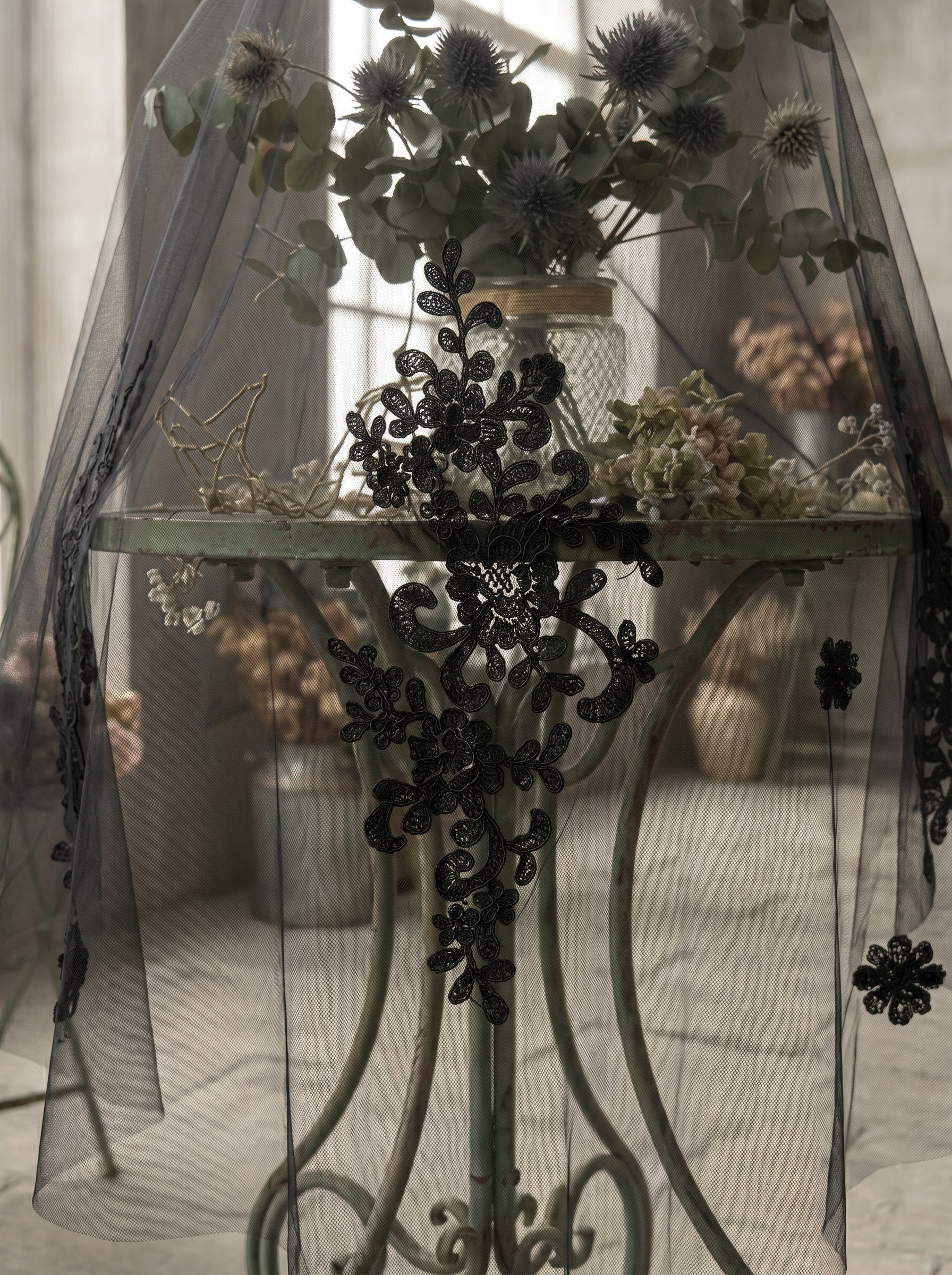 Luxury 3D Floral Black Gothic Royal Cathedral Veil with Comb - 3.M Single Tier Swiss Dot Wedding Veil, 3M Extra-Wide Moody Bridal Veil LUNA-X82
