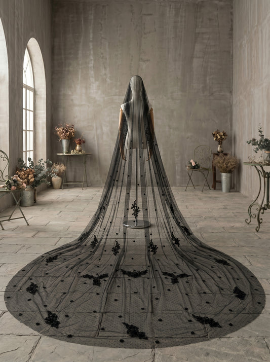 Luxury 3D Floral Black Gothic Royal Cathedral Veil with Comb - 3.M Single Tier Swiss Dot Wedding Veil, 3M Extra-Wide Moody Bridal Veil LUNA-X82