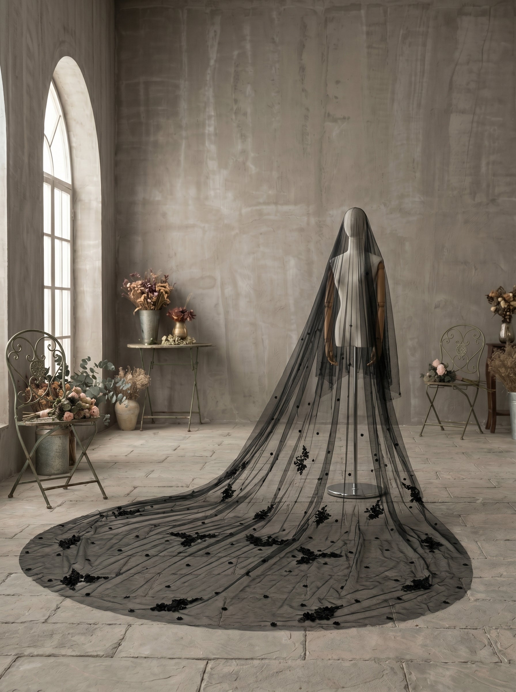 Luxury 3D Floral Black Gothic Royal Cathedral Veil with Comb - 3.M Single Tier Swiss Dot Wedding Veil, 3M Extra-Wide Moody Bridal Veil LUNA-X82