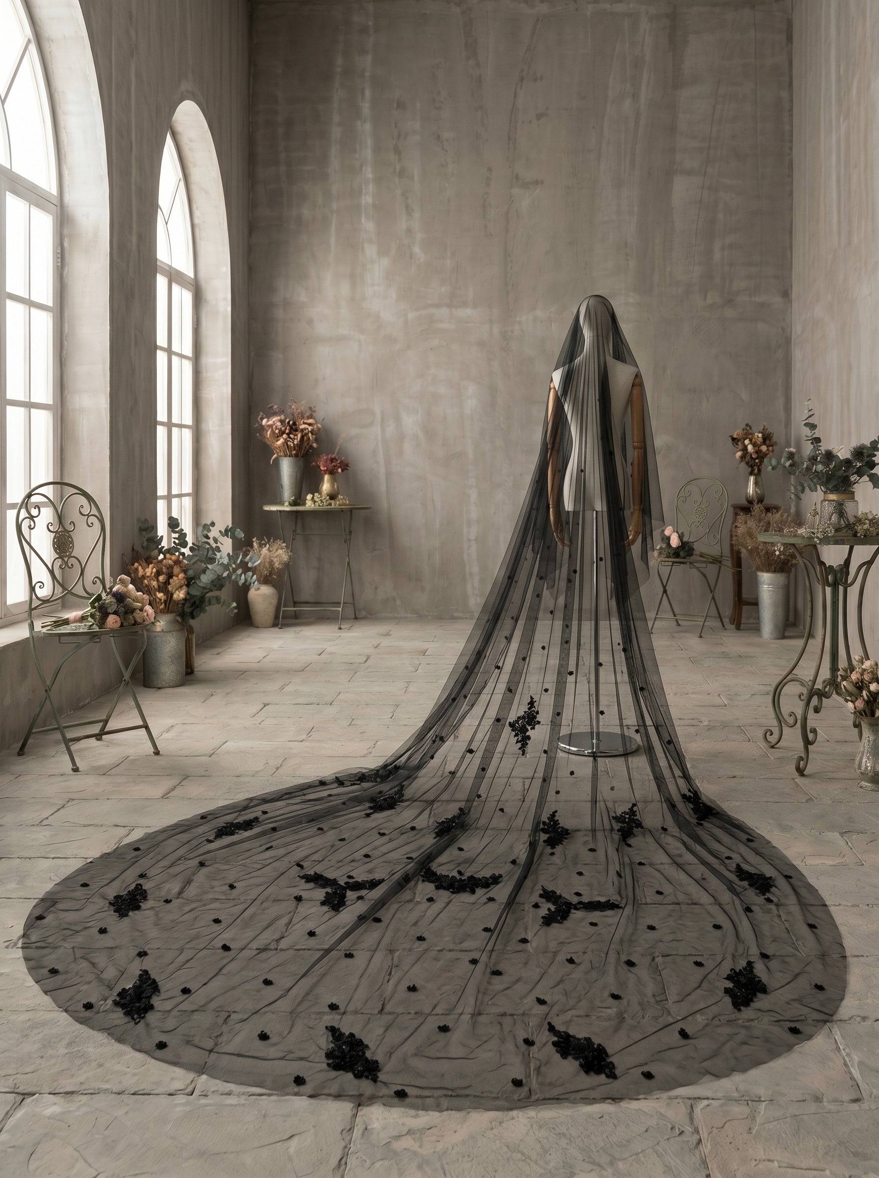 Luxury 3D Floral Black Gothic Royal Cathedral Veil with Comb - 3.M Single Tier Swiss Dot Wedding Veil, 3M Extra-Wide Moody Bridal Veil LUNA-X82