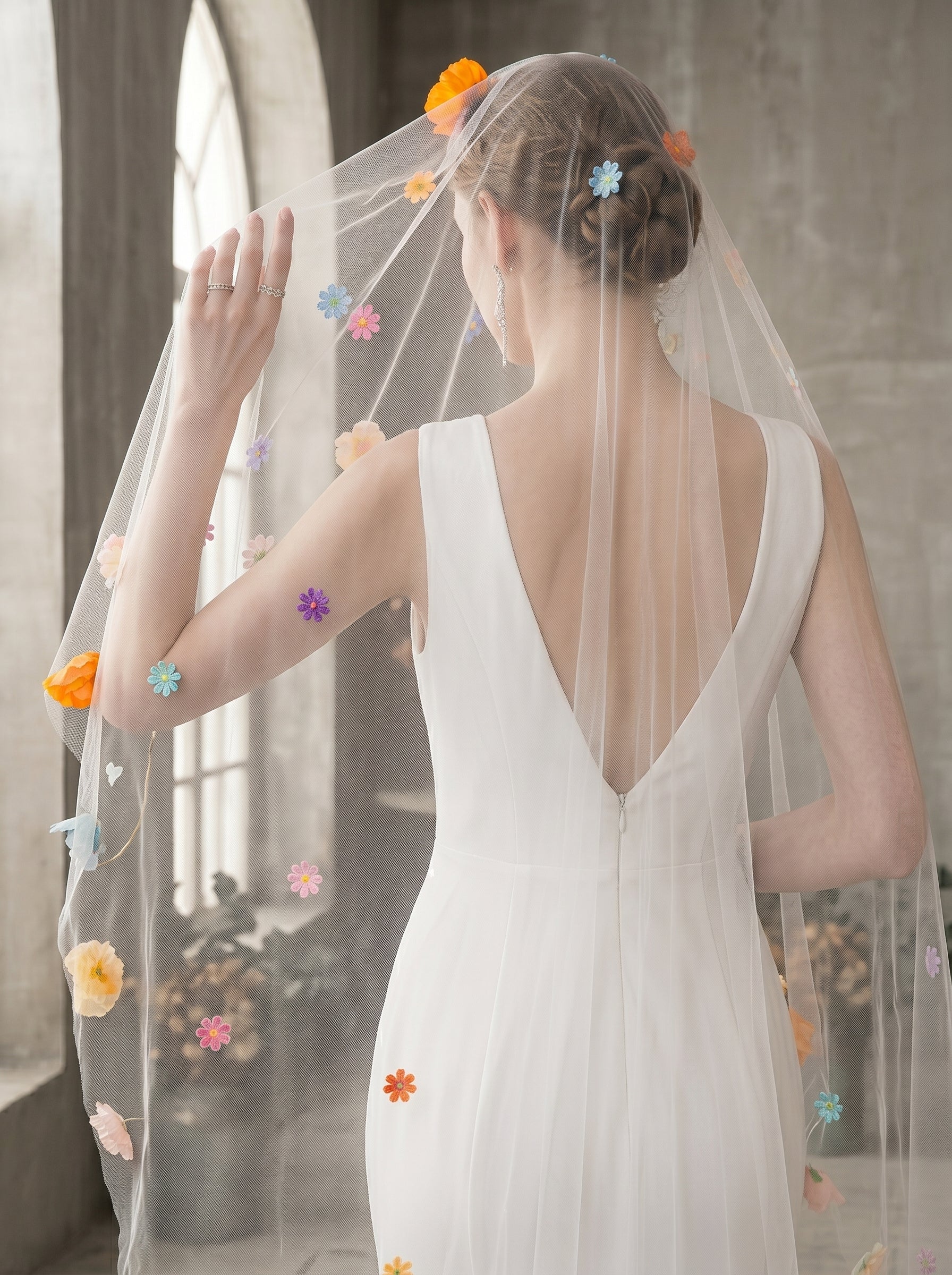 Whimsical Colorful 3D Wildflower Wedding Veil - Single Tier No-Comb Drop Veil, 2M Milk White Cottagecore Bridal Veil, Vibrant Floral Boho Headpiece  LUNA-X83