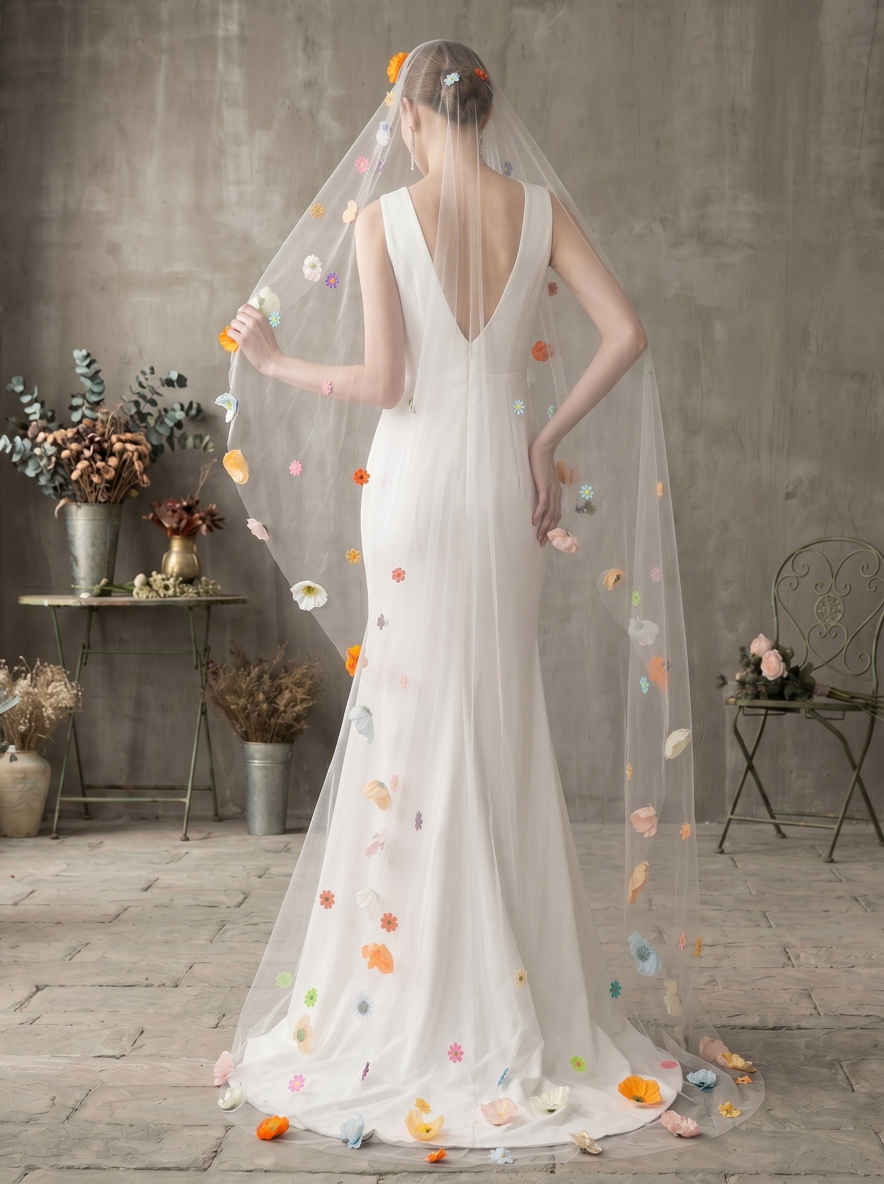 Whimsical Colorful 3D Wildflower Wedding Veil - Single Tier No-Comb Drop Veil, 2M Milk White Cottagecore Bridal Veil, Vibrant Floral Boho Headpiece  LUNA-X83