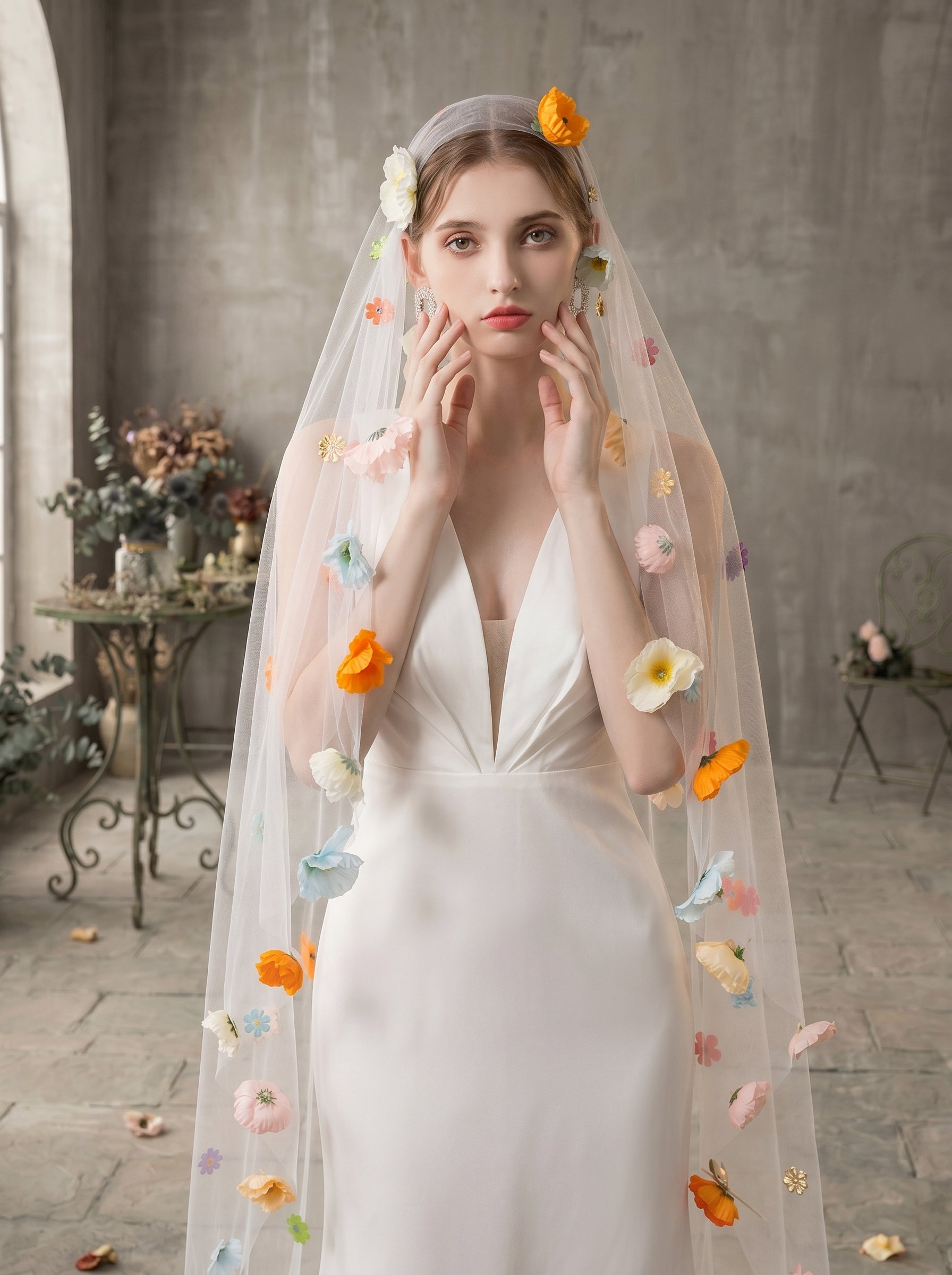 Whimsical Colorful 3D Wildflower Wedding Veil - Single Tier No-Comb Drop Veil, 2M Milk White Cottagecore Bridal Veil, Vibrant Floral Boho Headpiece  LUNA-X83