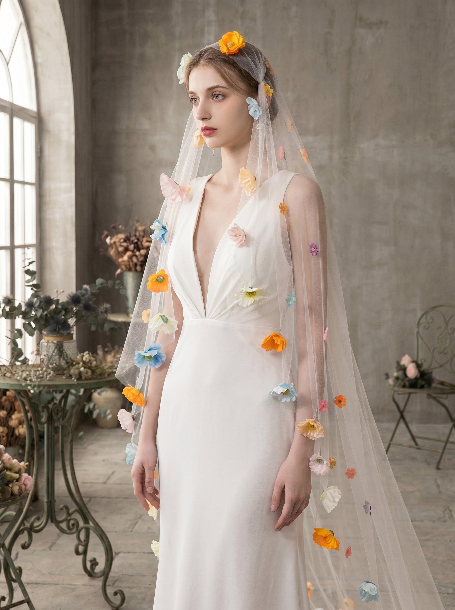 Whimsical Colorful 3D Wildflower Wedding Veil - Single Tier No-Comb Drop Veil, 2M Milk White Cottagecore Bridal Veil, Vibrant Floral Boho Headpiece  LUNA-X83