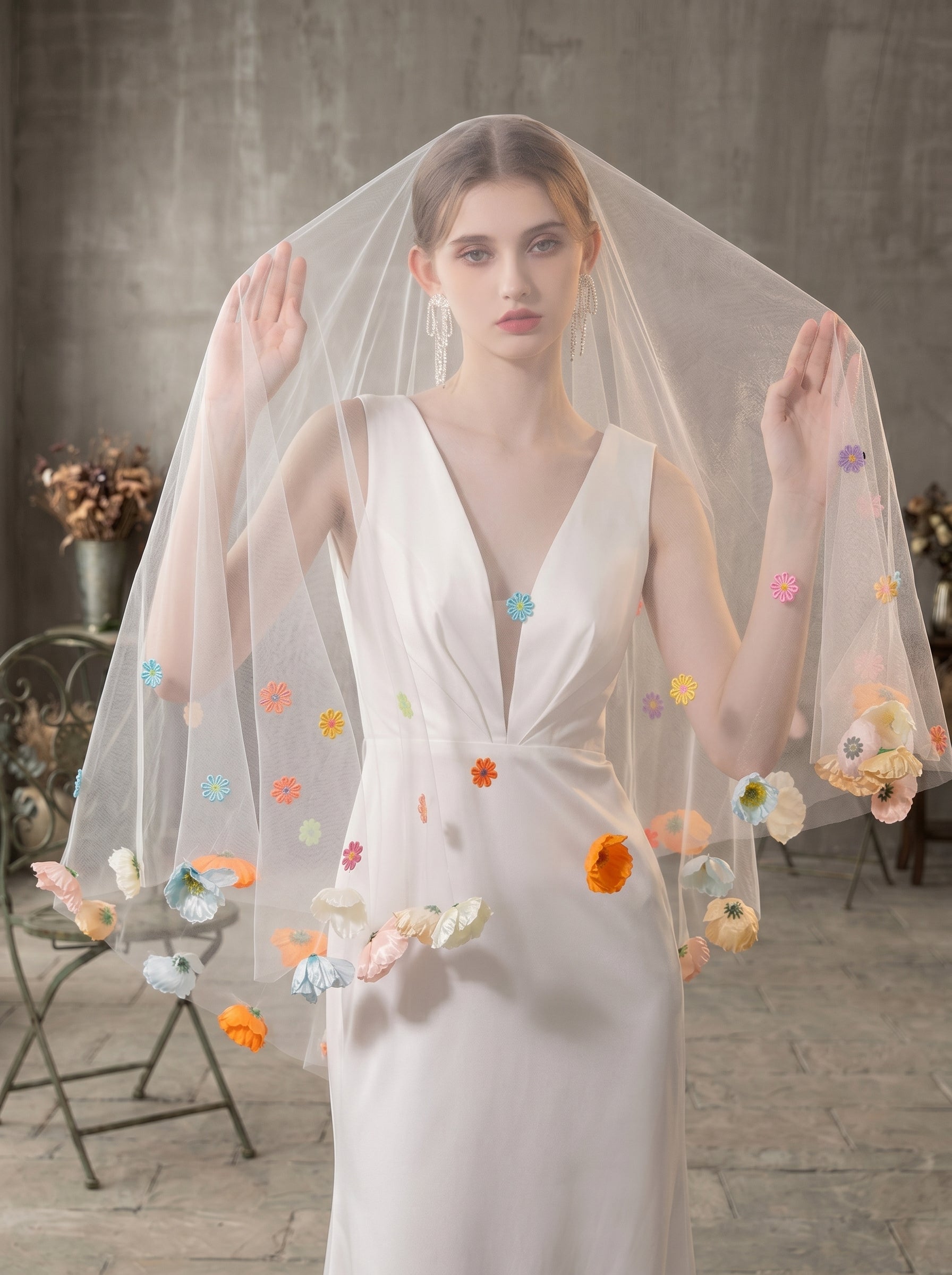Whimsical Colorful 3D Wildflower Wedding Veil - Single Tier No-Comb Drop Veil, 2M Milk White Cottagecore Bridal Veil, Vibrant Floral Boho Headpiece  LUNA-X83