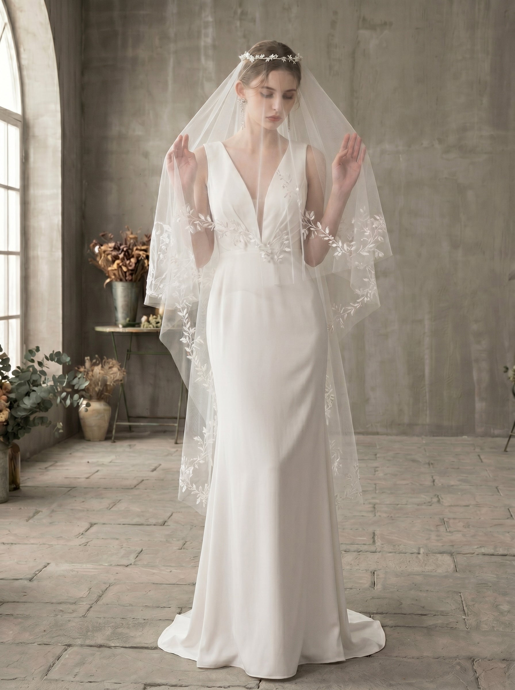 Two Tier Milk White Wedding Veil with Flower Wreath Tiara, Front 70cm Back 125cm Drop Veil for Bride, Embroidered Botanical Leaf Flounce Blusher LUNA-X84