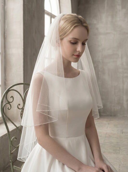 Classic Fingertip Beaded Wedding Veil with Comb - 2 Tier Milk White Swiss Tulle Drop Veil, Delicate Seed Bead Wire-Edge Bridal Blusher, 60cm/90cm LUNA-X85
