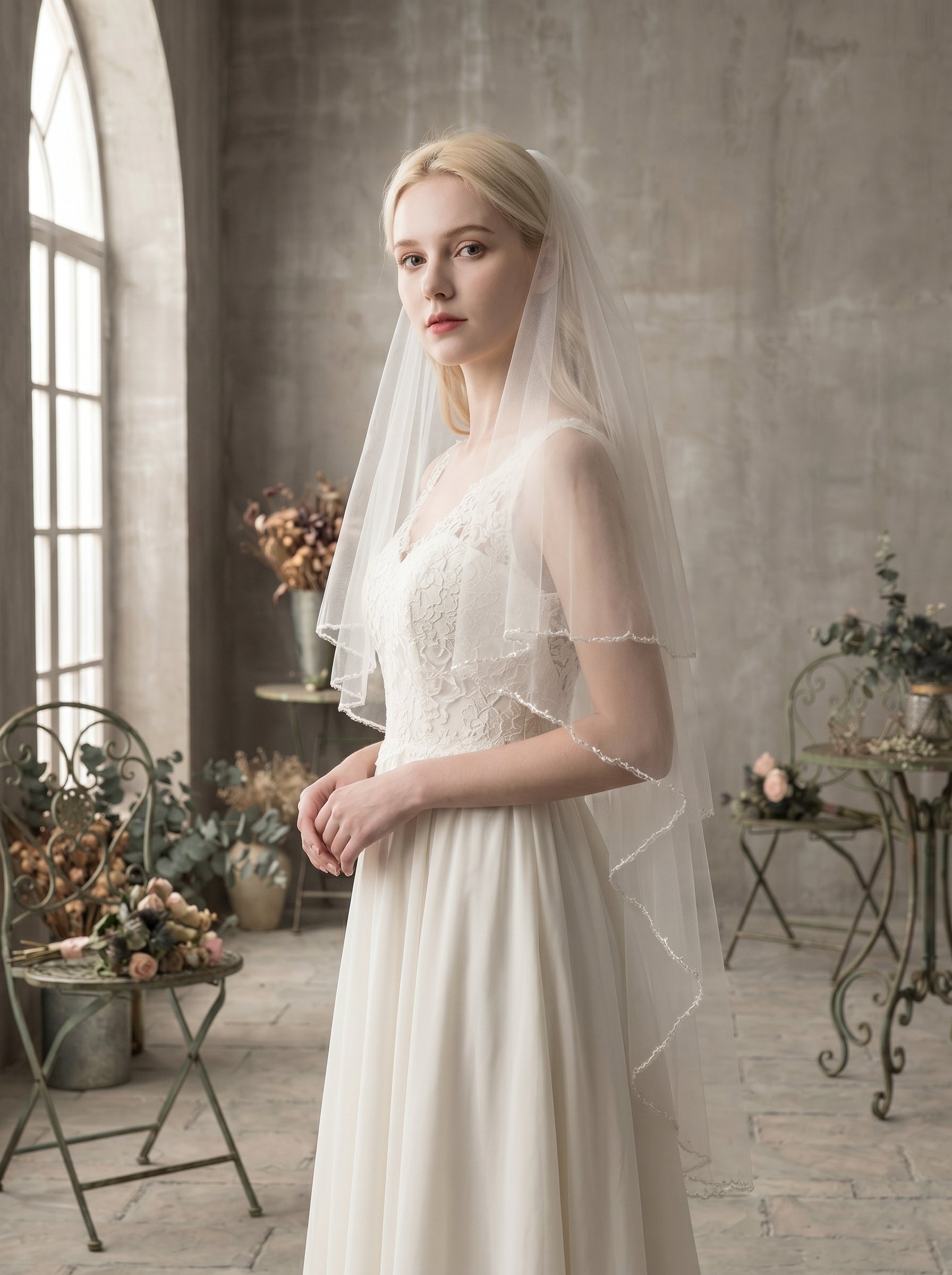 Classic Fingertip Beaded Wedding Veil with Comb - 2 Tier Milk White Swiss Tulle Drop Veil, Delicate Seed Bead Wire-Edge Bridal Blusher, 60cm/90cm LUNA-X85