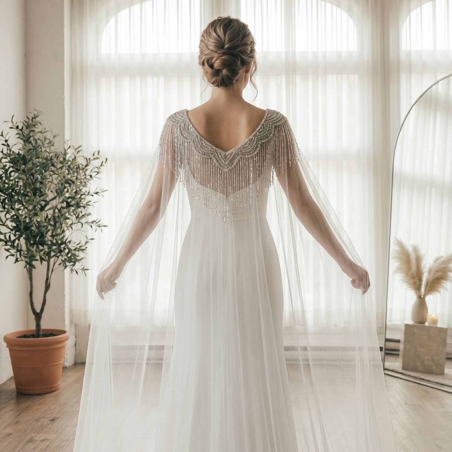Sparkly Sequin Tassel Bridal Cape Veil - 118 Inch Cathedral Length Wedding Cape Soft Tulle Cathedral Bridal Train Shawl LUNA-X232
