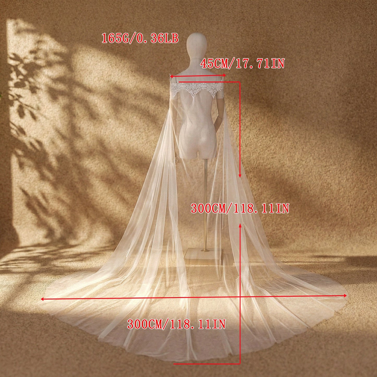 Off the Shoulder Lace Bridal Cape Veil - 300cm Cathedral Length Bardot Wedding Capelet Lightweight Illusion Mesh  LUNA-X225