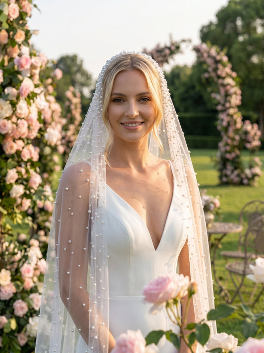 Luxury Pearl Cathedral Wedding Veil - Extra Wide 3m x 3m Full Circle Pearlcore Bridal Veil with Comb, Shimmering Scattered Pearl Veil LUNA-X62