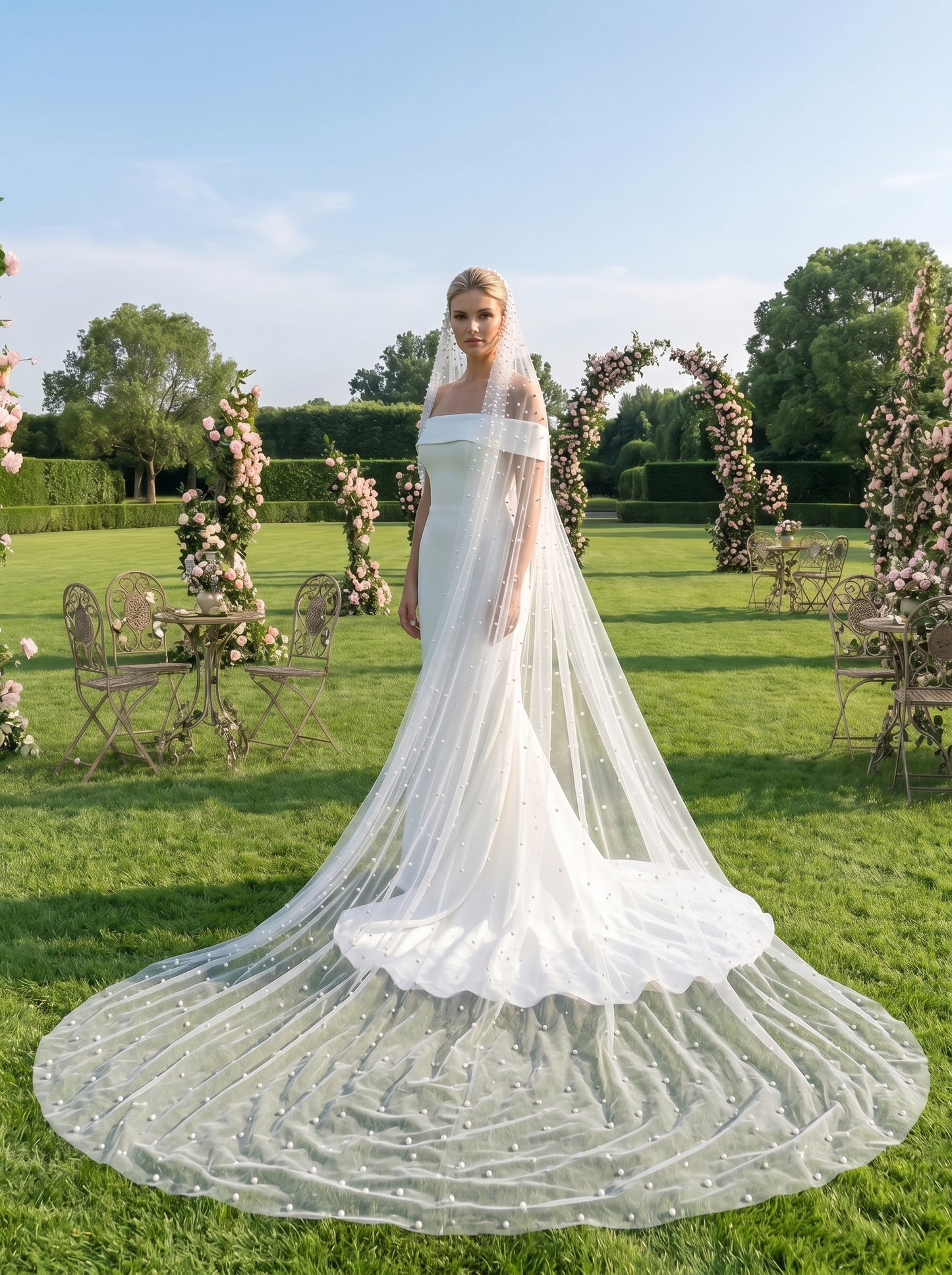 Luxury Pearl Cathedral Wedding Veil - Extra Wide 3m x 3m Full Circle Pearlcore Bridal Veil with Comb, Shimmering Scattered Pearl Veil LUNA-X62